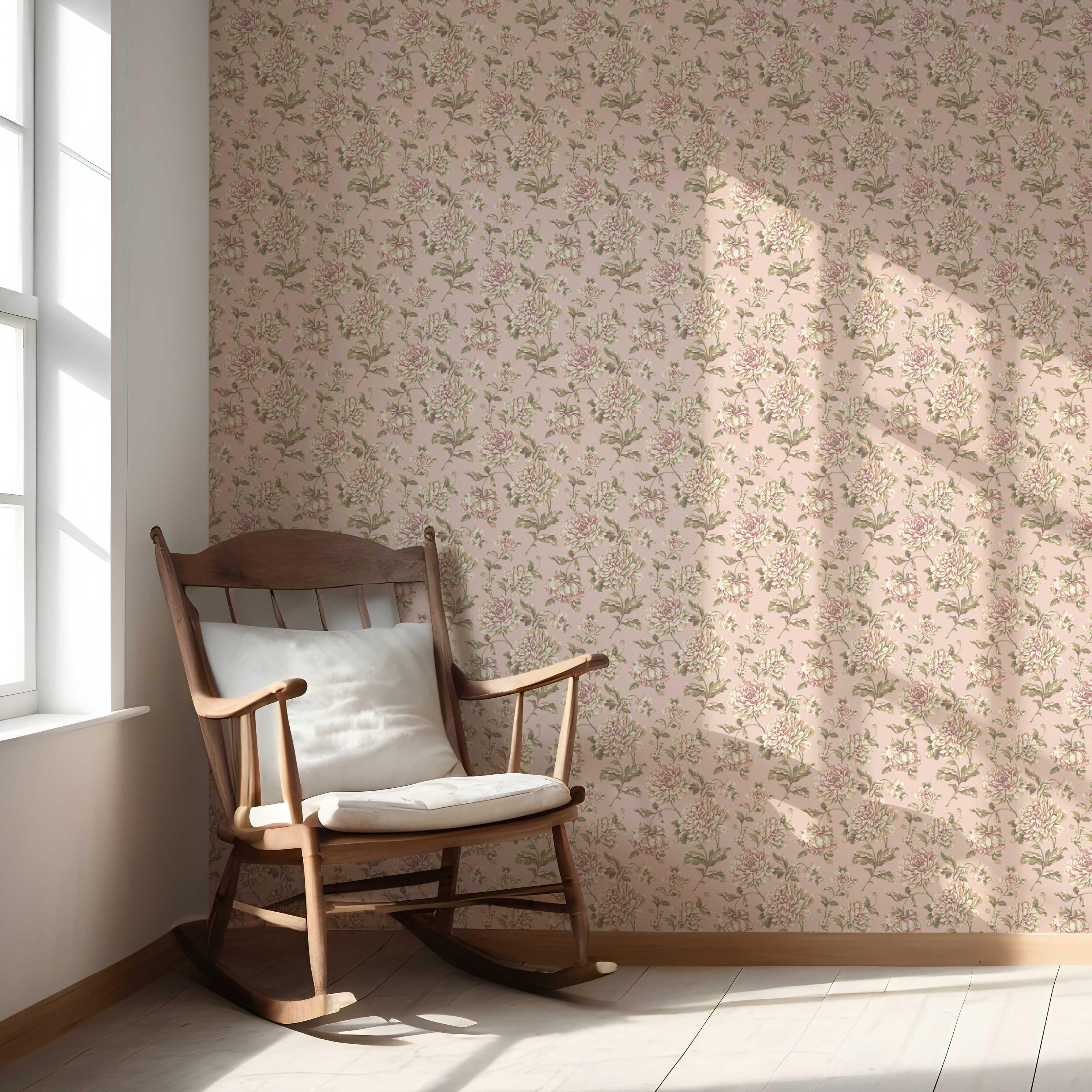 Chinoiserie/ English Floral Nursery Wallpaper Sample (Soft Pink/ Peach/ Green/ Cream)