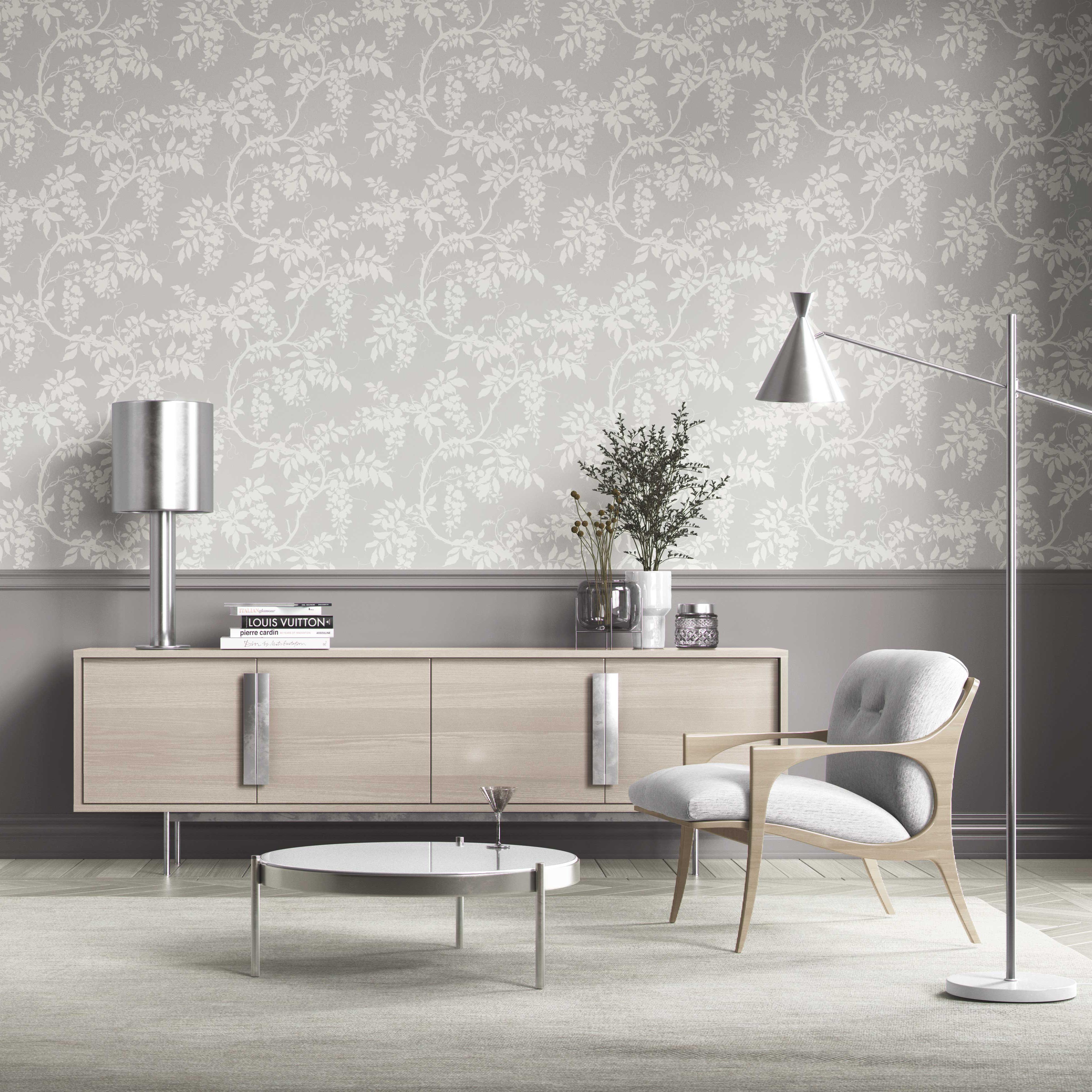 Neutral Floral Vine/ Botanical Kitchen Wallpaper Sample (Dove Gray/ Off-White)