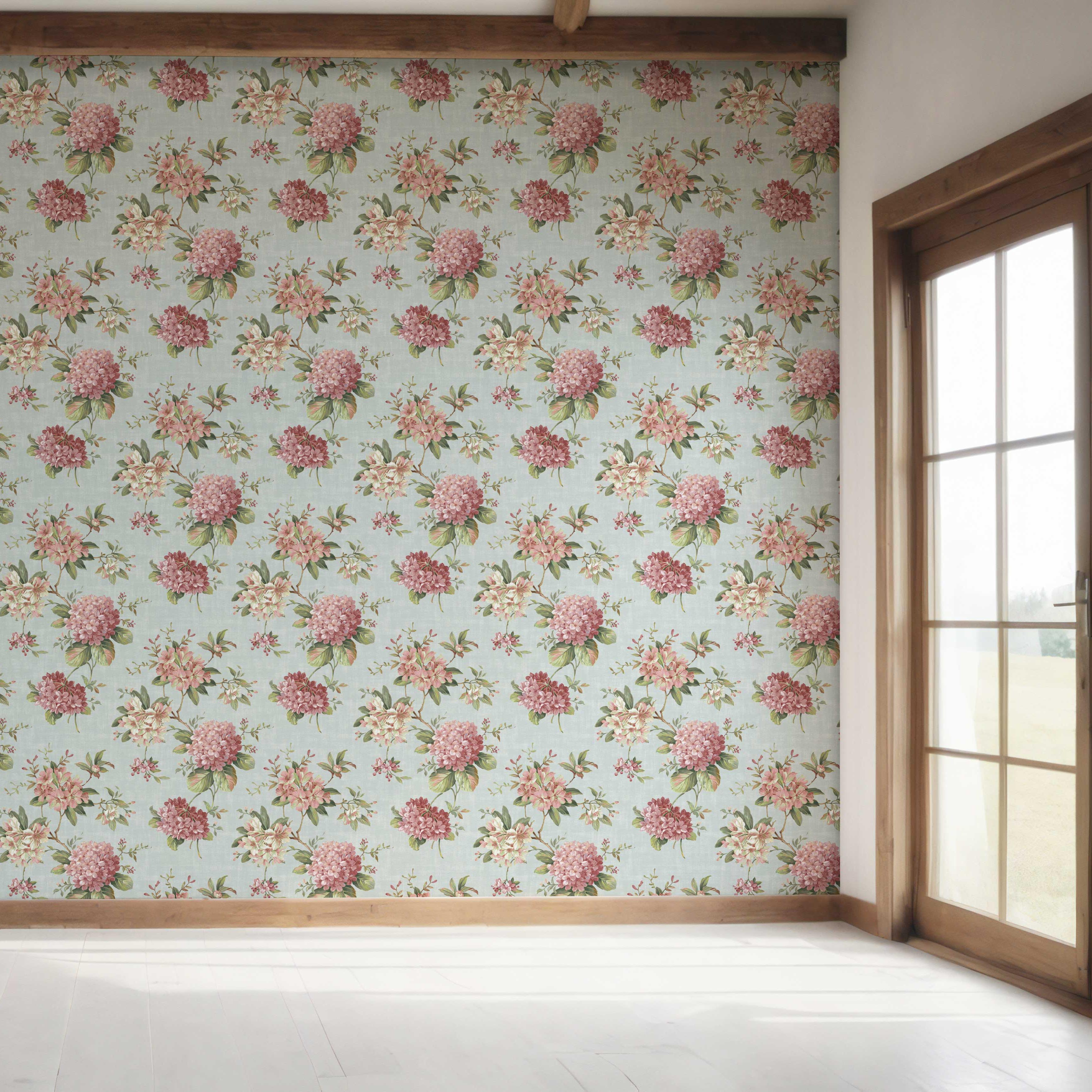 Modern Floral Block Print Bedroom Wallpaper (Blue/ Pink/ Green)