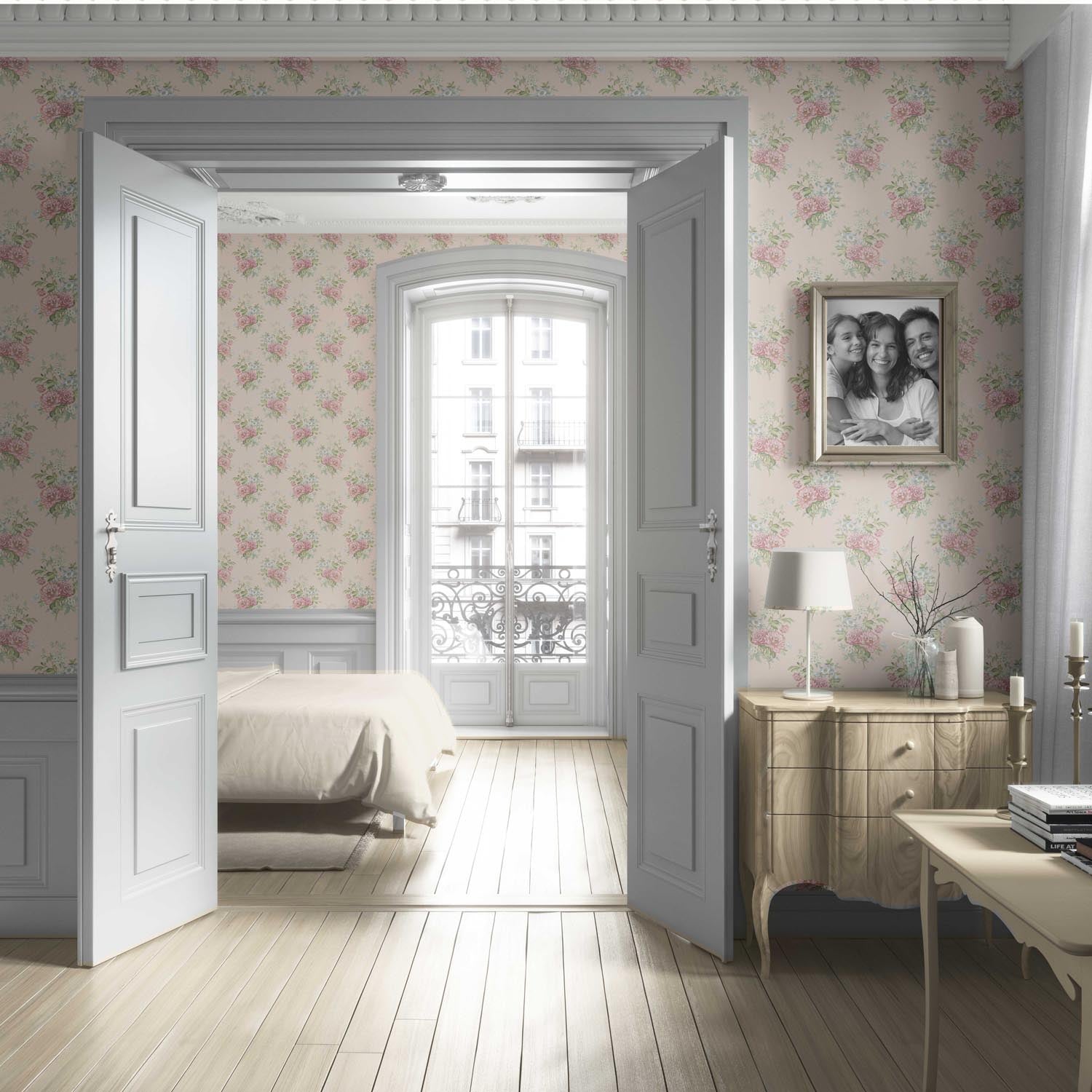 Floral Block Print Living Room Wallpaper (Blush Pink/ Blue/ Green)
