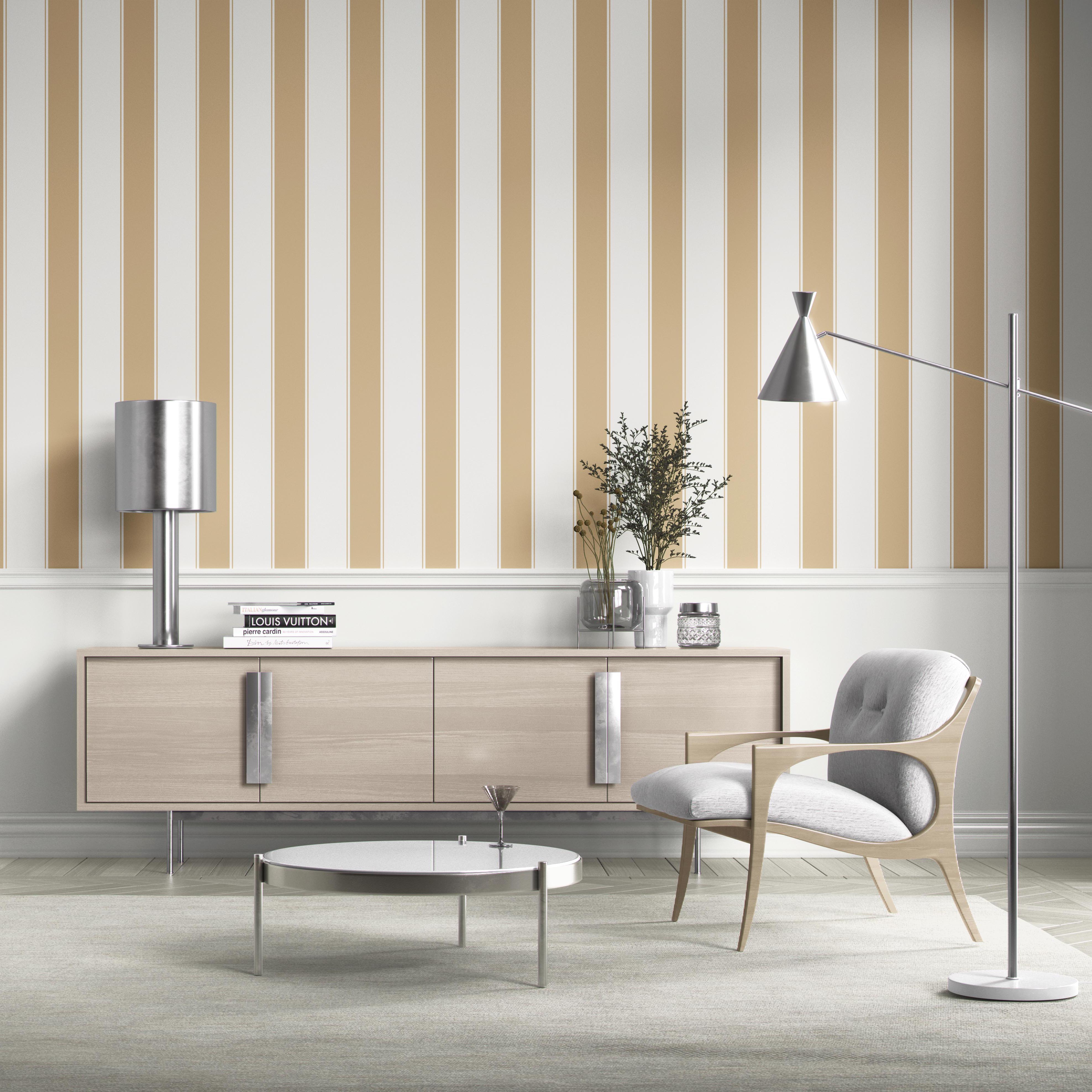 Geometric Striped Living Room Wallpaper (Sand Beige/ Tan/ White)