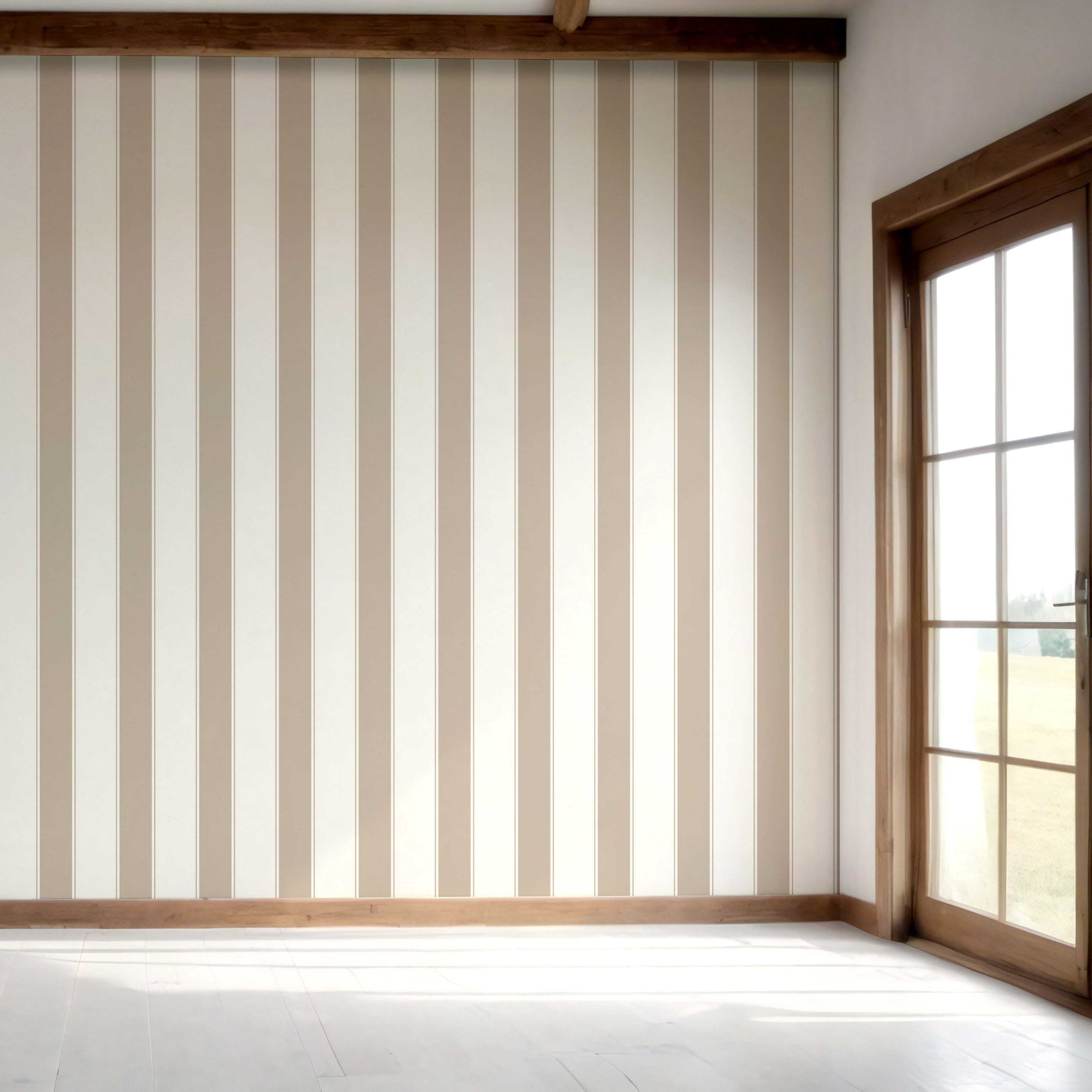 Neutral Geometric Striped Bedroom Wallpaper (Stone Beige/ White)