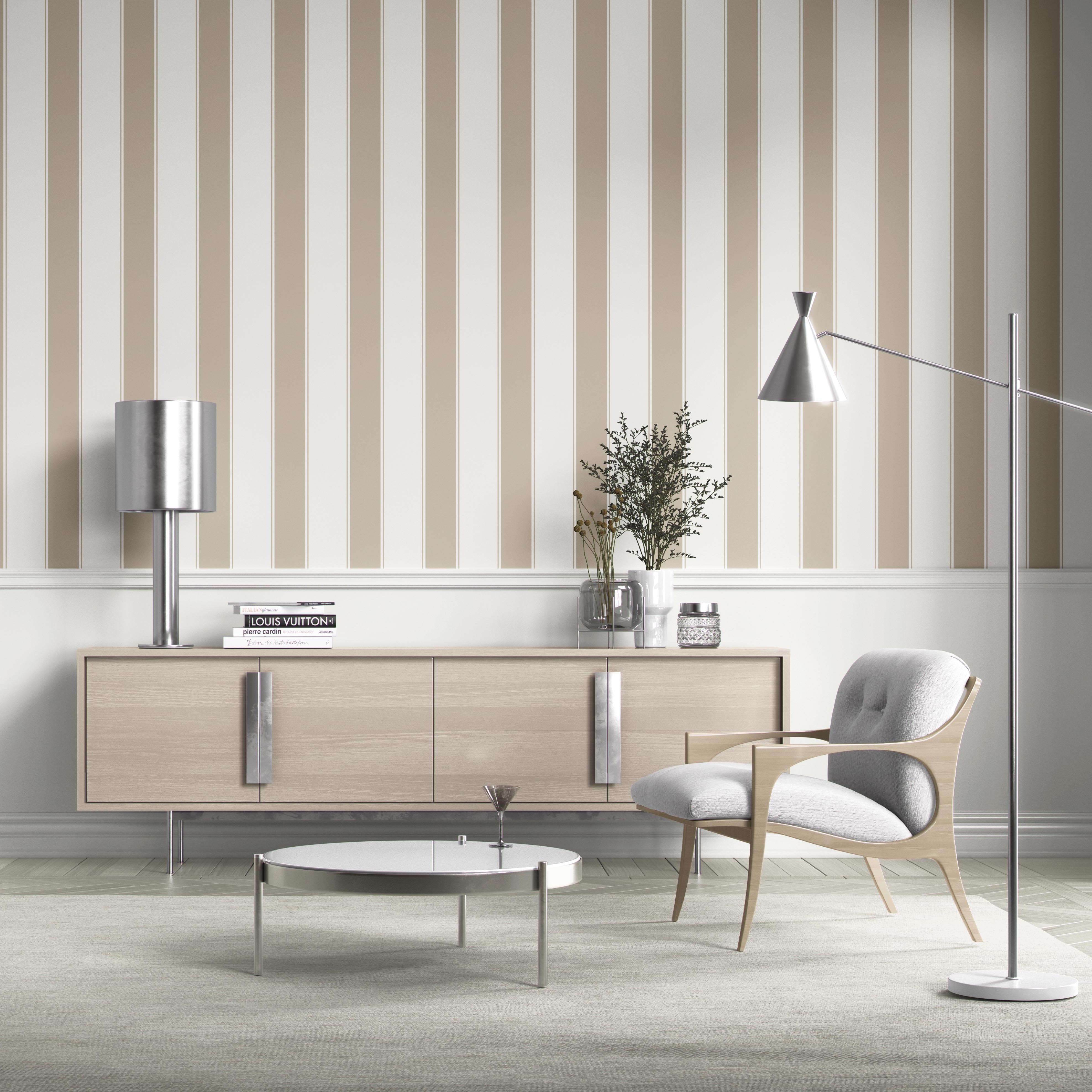 Neutral Geometric Striped Living Room Wallpaper (Stone Beige/ White)