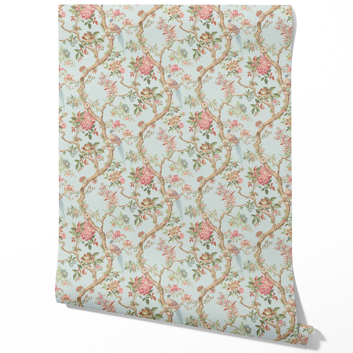 Floral/ Bird Print Chinoiserie Traditional Wallpaper (Blue/ Coral Pink/ Green)