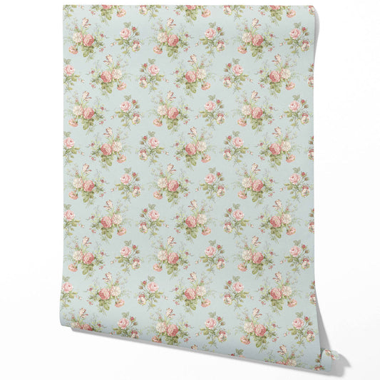 Patterned Floral Block Print Traditional Wallpaper (Blue/ Pink/ Green)