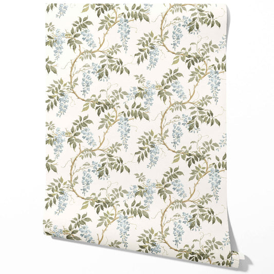 Floral Vine/ Botanical Patterned Traditional Wallpaper (Cream/ Duck Egg Blue/ Green)