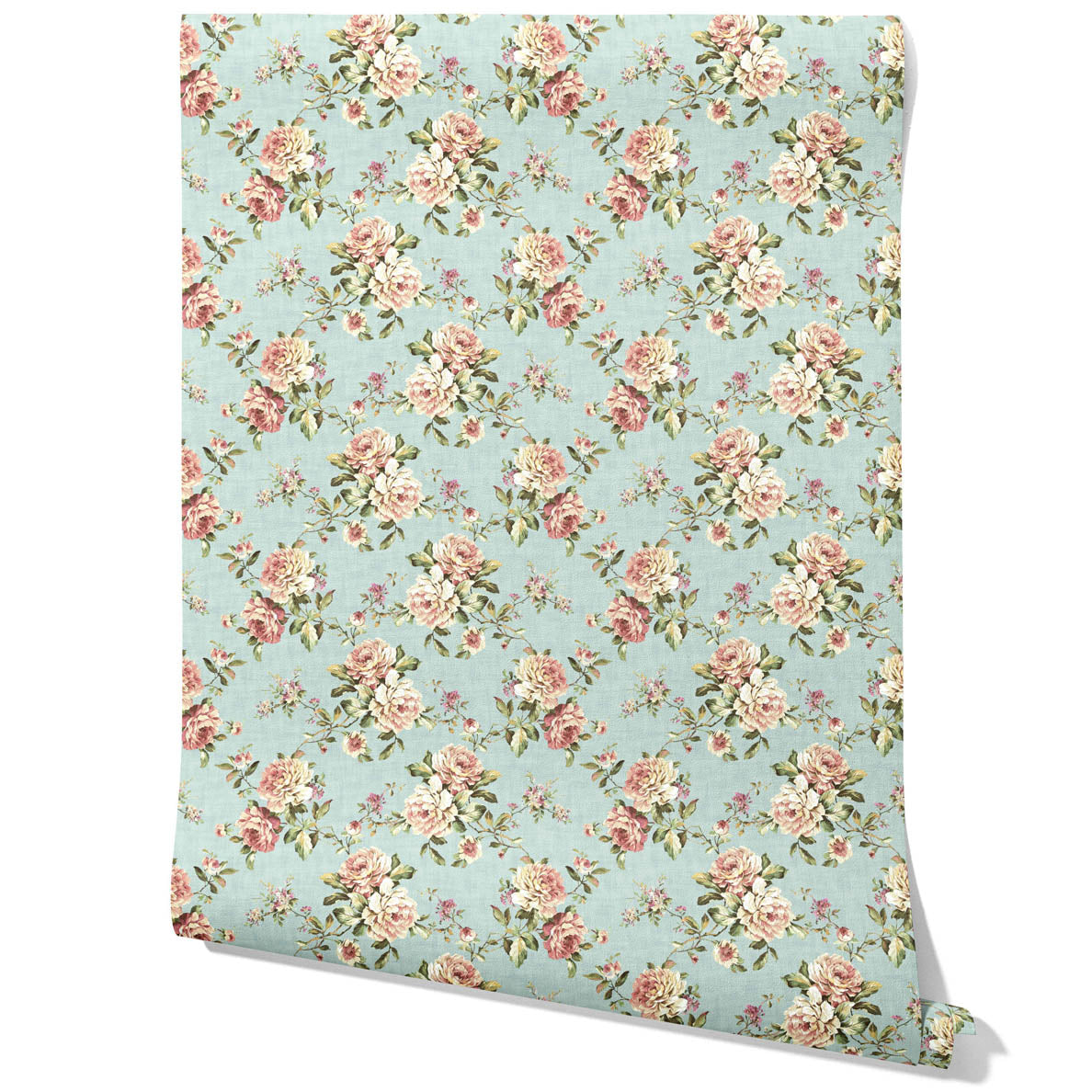English Floral Patterned Traditional Wallpaper Sample (Blue/ Pink/ Green)