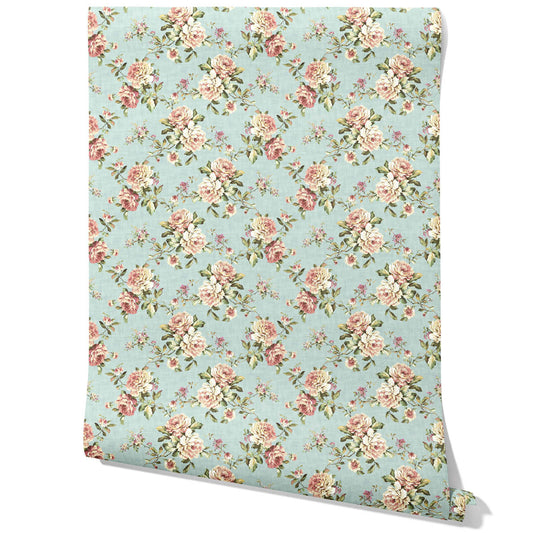English Floral Patterned Traditional Wallpaper (Blue/ Pink/ Green)