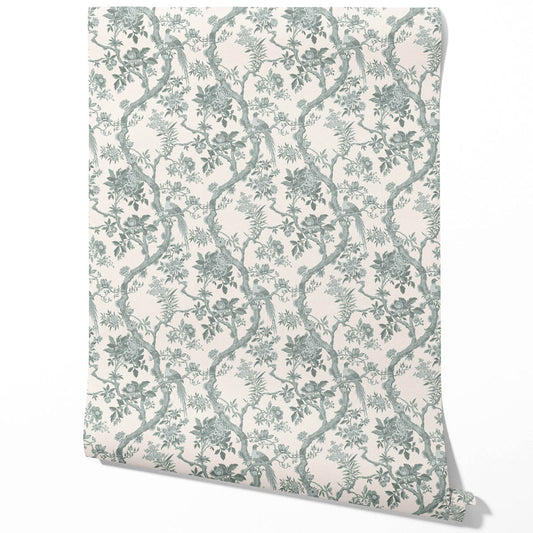 Floral Toile/ Bird Print Chinoiserie Traditional Wallpaper Sample (Gray-Green)