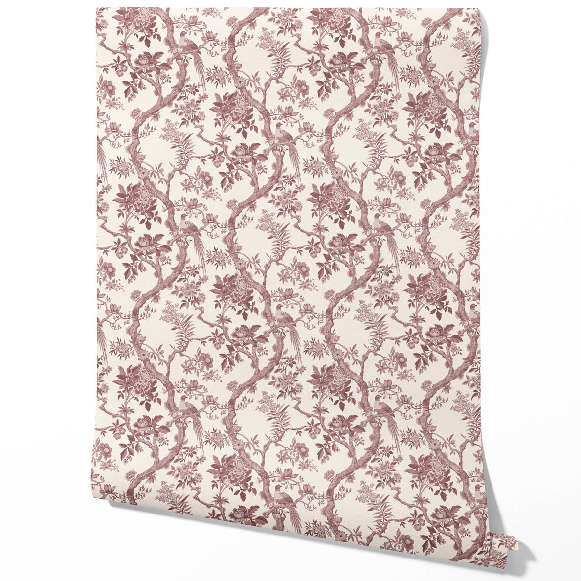 Floral Toile/ Bird Print Chinoiserie Traditional Wallpaper Sample (Brick Red/ Burgundy)
