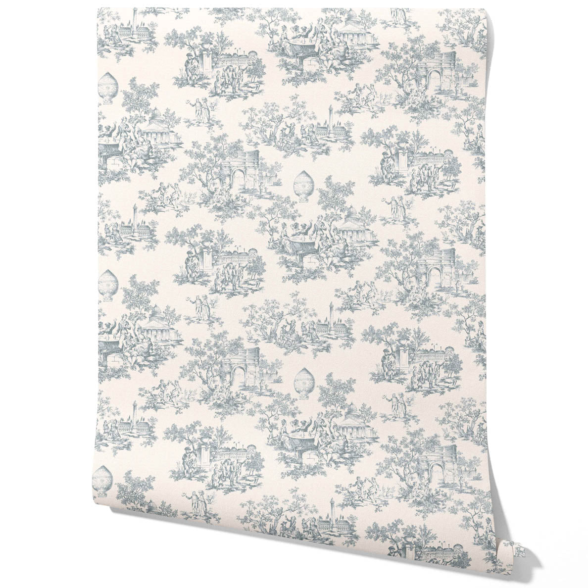Toile de Jouy/ Nature Print Traditional Wallpaper (Blue/ Gray/ Off-White)