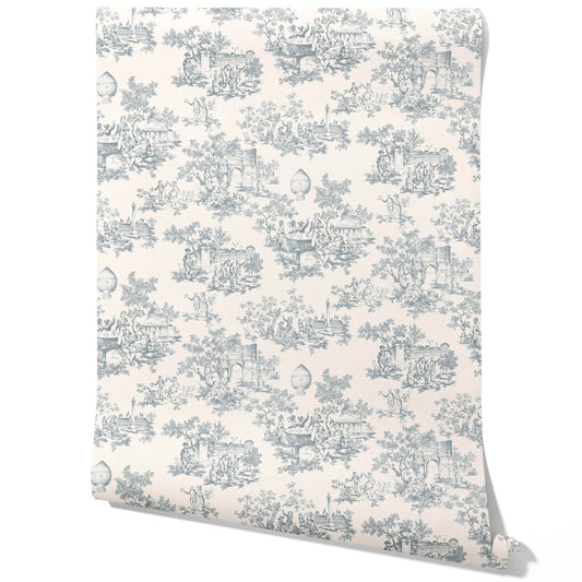 Toile de Jouy/ Nature Print Traditional Wallpaper Sample (Blue/ Gray/ Off-White)