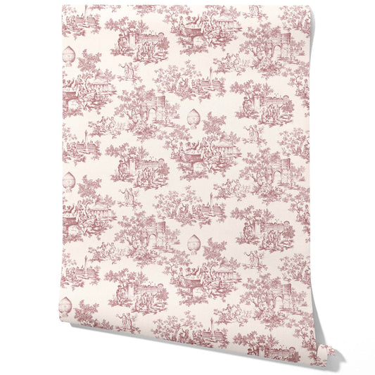 Toile de Jouy/ Nature Print Traditional Wallpaper Sample (Pink/ Off-White)