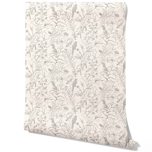 Birds Print/ Botanical Traditional Wallpaper Sample (Gray/ Off-White)