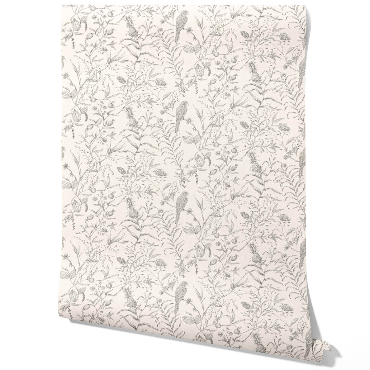 Birds Print/ Botanical Traditional Wallpaper (Gray/ Off-White)