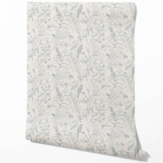 Birds Print/ Botanical Traditional Wallpaper Sample (Duck Egg Blue/ Off-White)