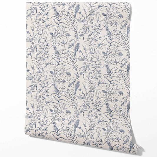 Birds Print/ Botanical Traditional Wallpaper Sample (Navy Blue)