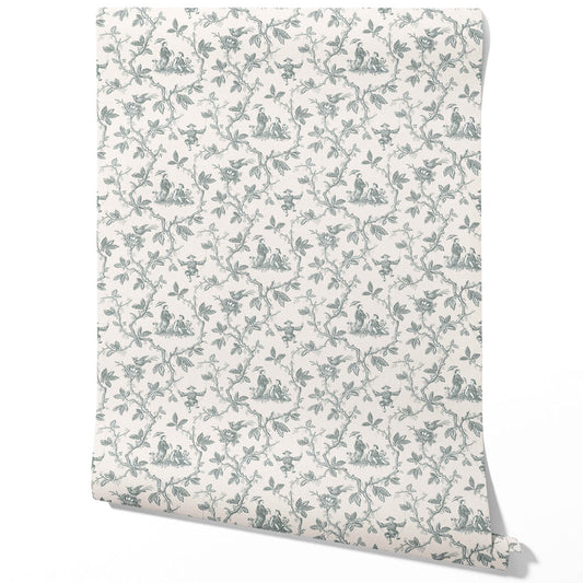 Floral Toile de Jouy Traditional Wallpaper Sample (Blue-Gray/ Off-White)