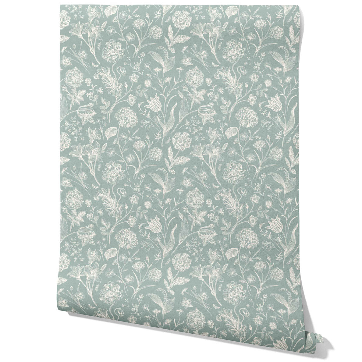 Floral/ Botanical Traditional Wallpaper Sample (Cadet Blue/ Mint Gray/ Cream)
