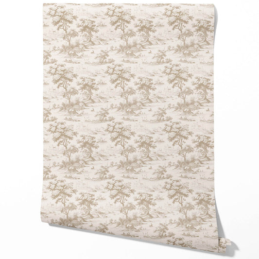 Floral Toile de Jouy Nature Print Traditional Wallpaper Sample (Beige/ Brown/ Taupe)