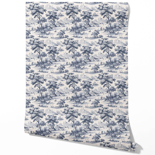 Floral Toile de Jouy Nature Print Traditional Wallpaper Sample (Navy Blue)