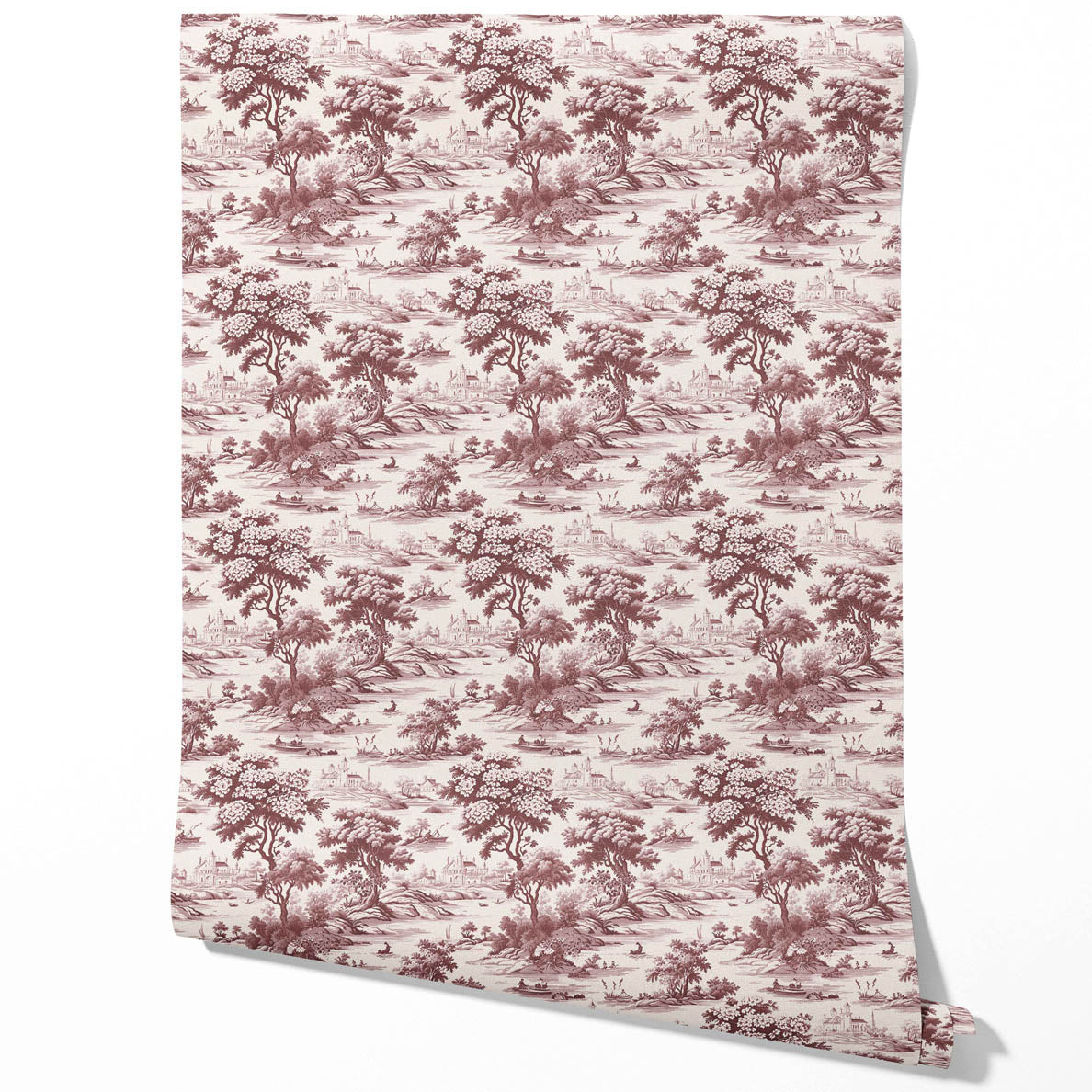 Floral Toile de Jouy Nature Print Traditional Wallpaper (Maroon Red/ Deep Pink)