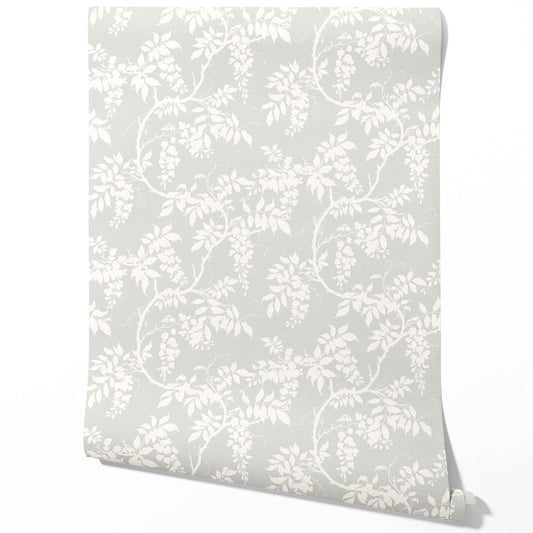 Neutral Floral Vine/ Botanical Traditional Wallpaper Sample (Dove Gray/ Off-White)
