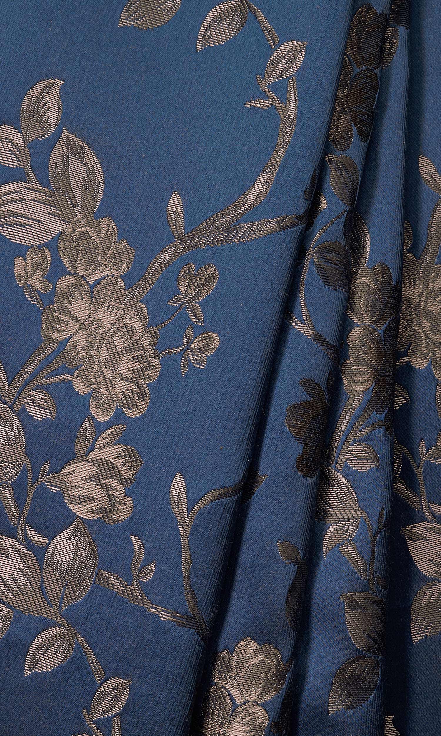 Floral Embossed Home Décor Fabric By the Metre (Navy Blue/ Steel Gray)