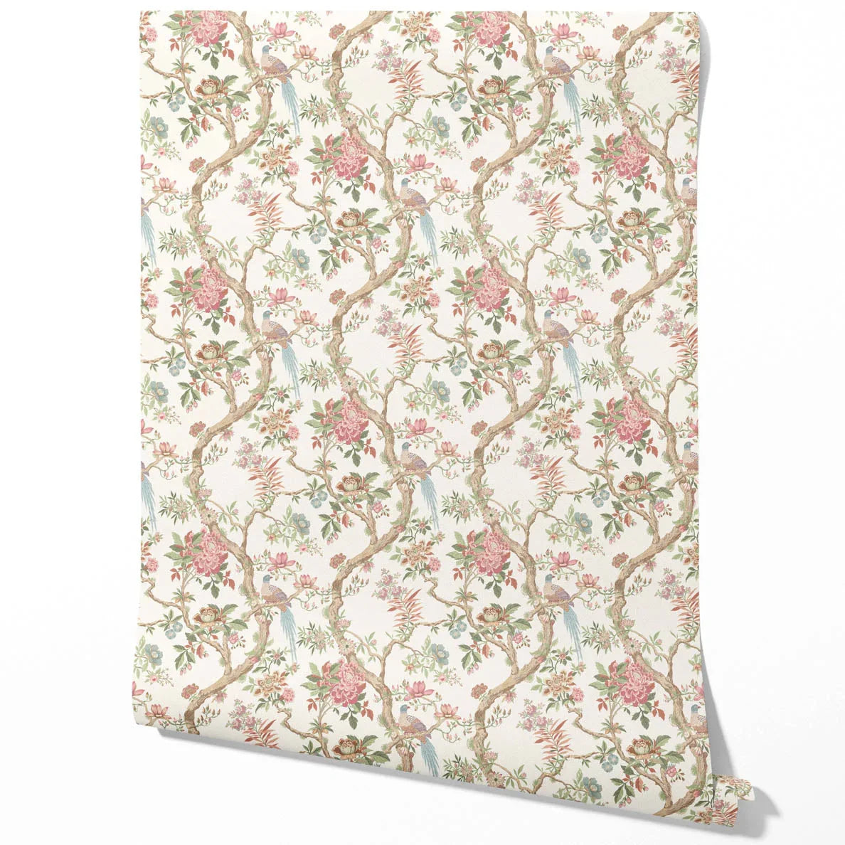 Floral/ Bird Print Chinoiserie Traditional Wallpaper Sample (Pink/ Green/ Duck Egg Blue)