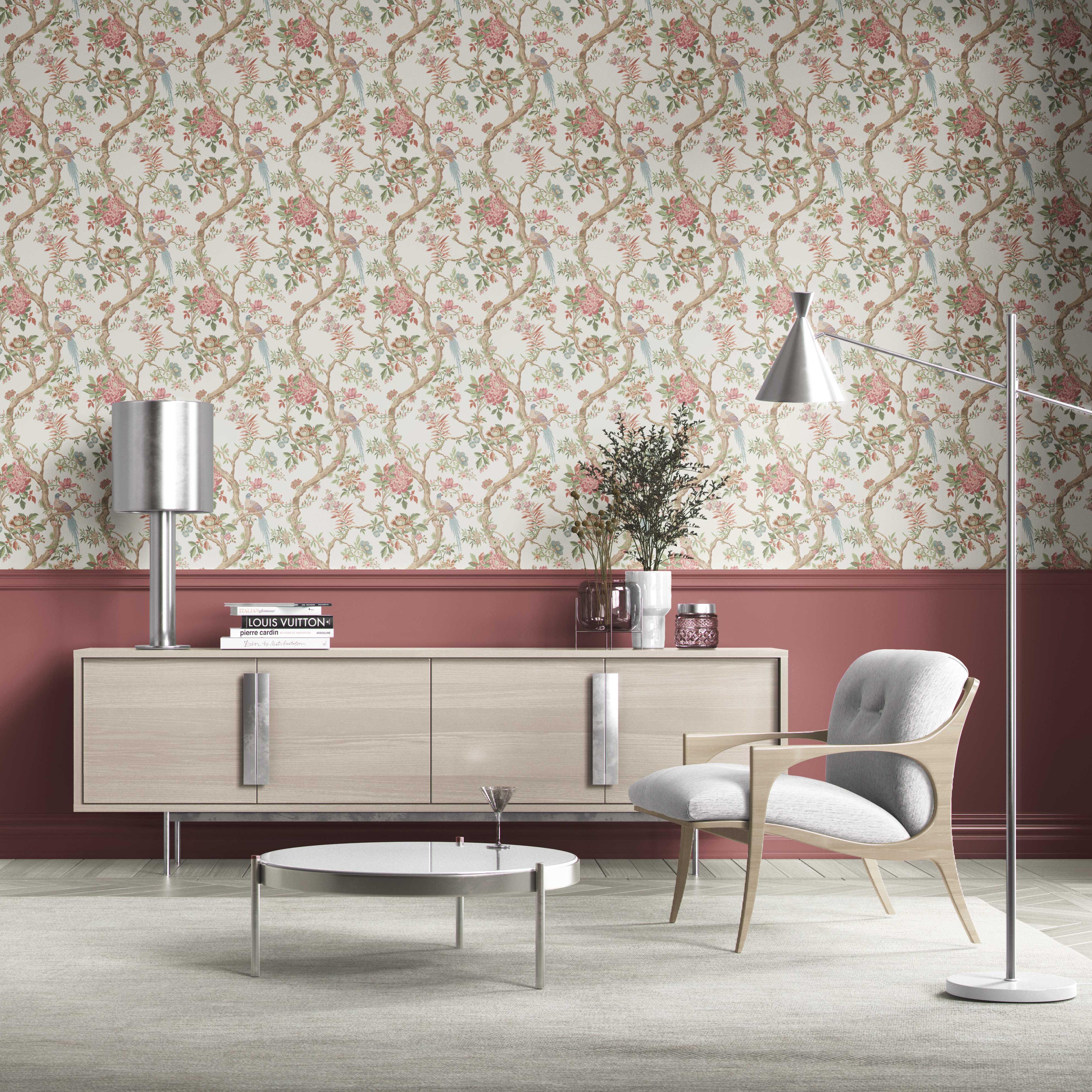 Floral/ Bird Print Chinoiserie Kitchen Wallpaper Sample (Pink/ Green/ Duck Egg Blue)