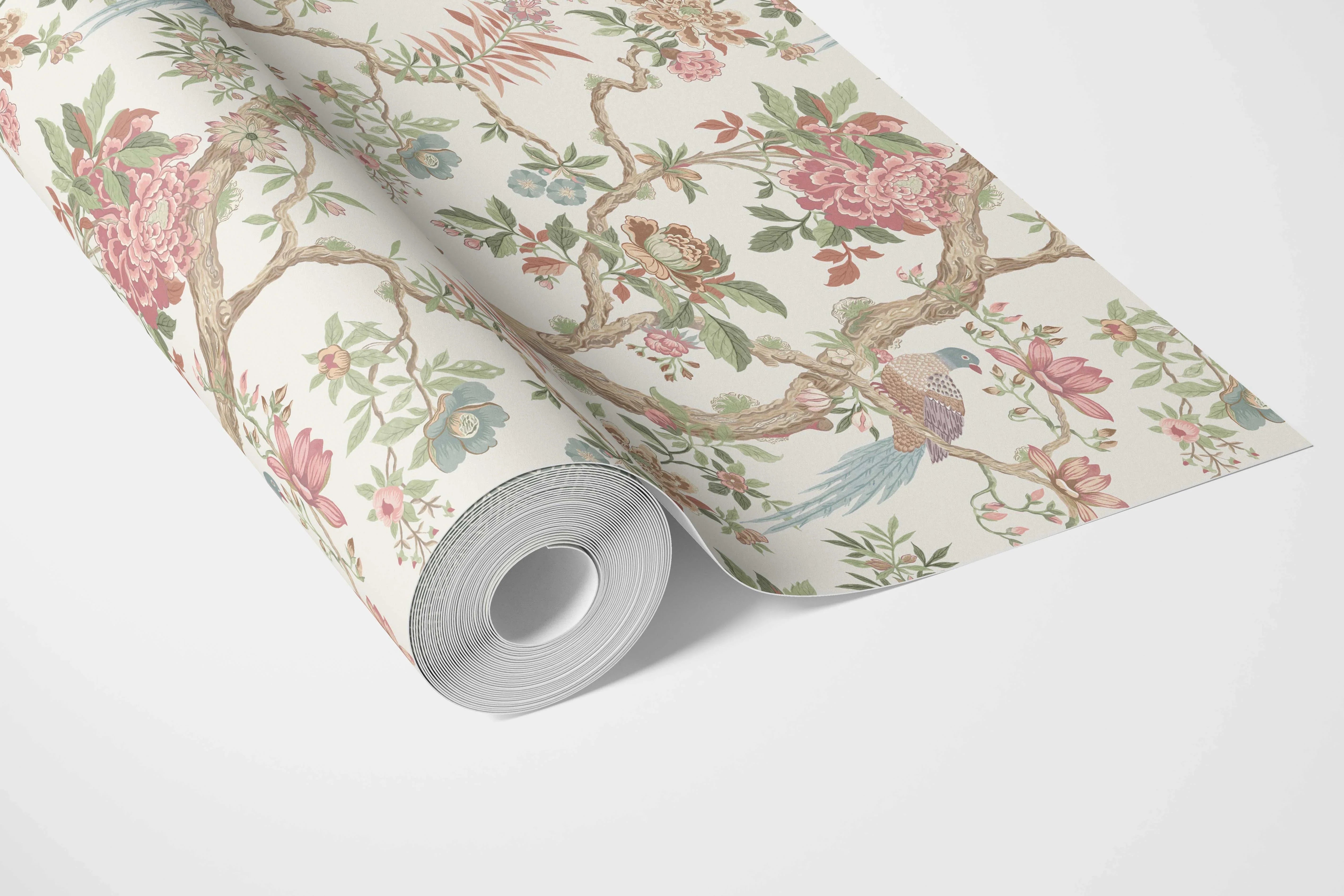 Floral/ Bird Print Chinoiserie Bathroom Wallpaper Sample (Pink/ Green/ Duck Egg Blue)