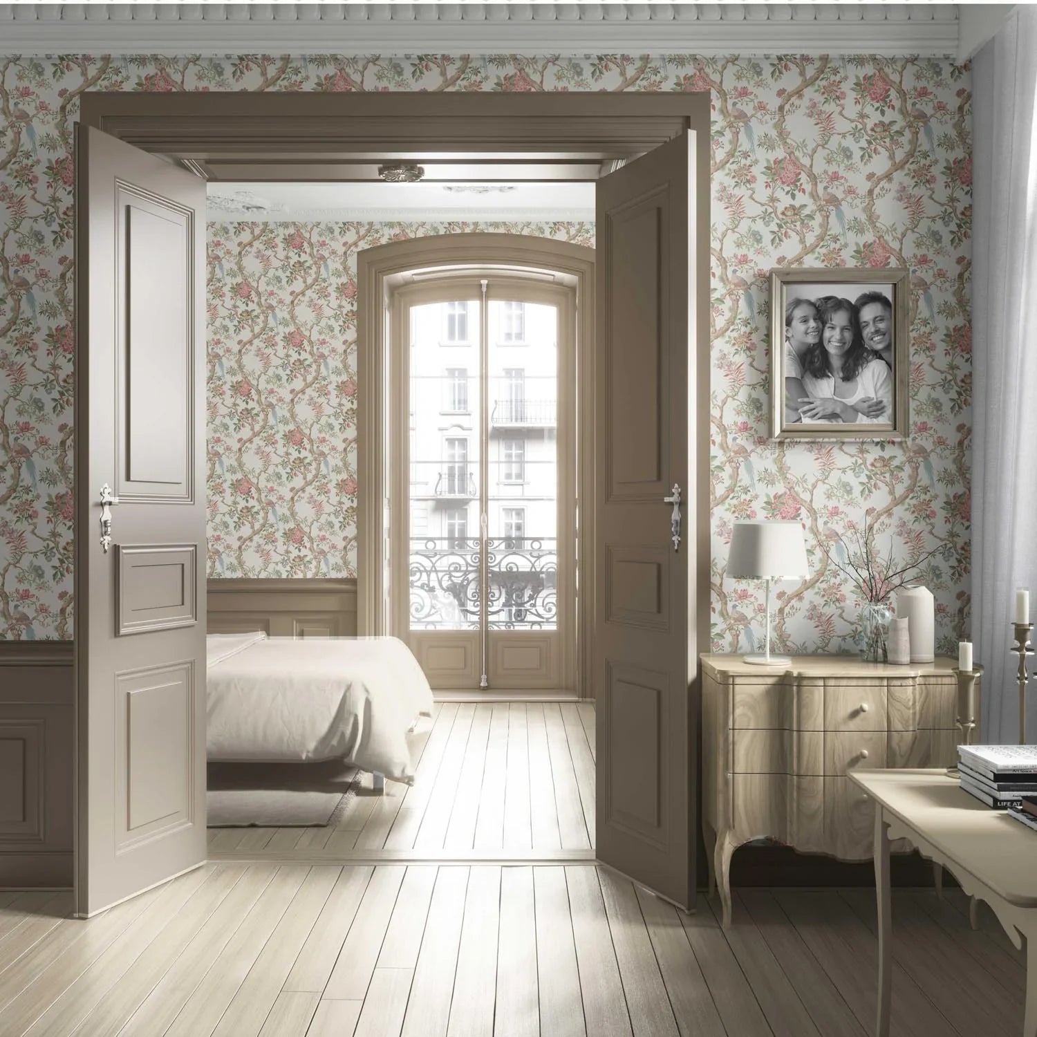 Floral/ Bird Print Chinoiserie Living Room Wallpaper Sample (Pink/ Green/ Duck Egg Blue)