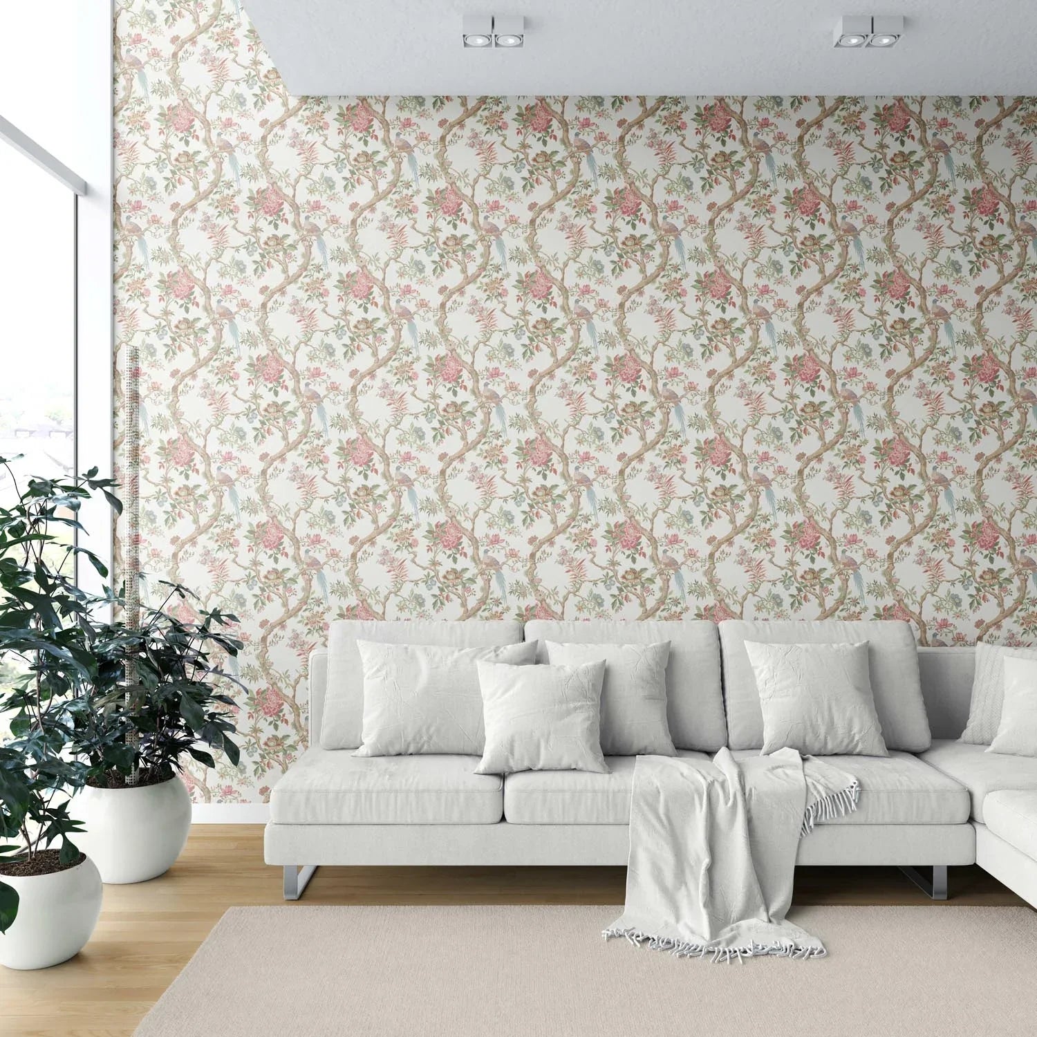 Floral/ Bird Print Chinoiserie Shower Toilet Wallpaper Sample (Pink/ Green/ Duck Egg Blue)