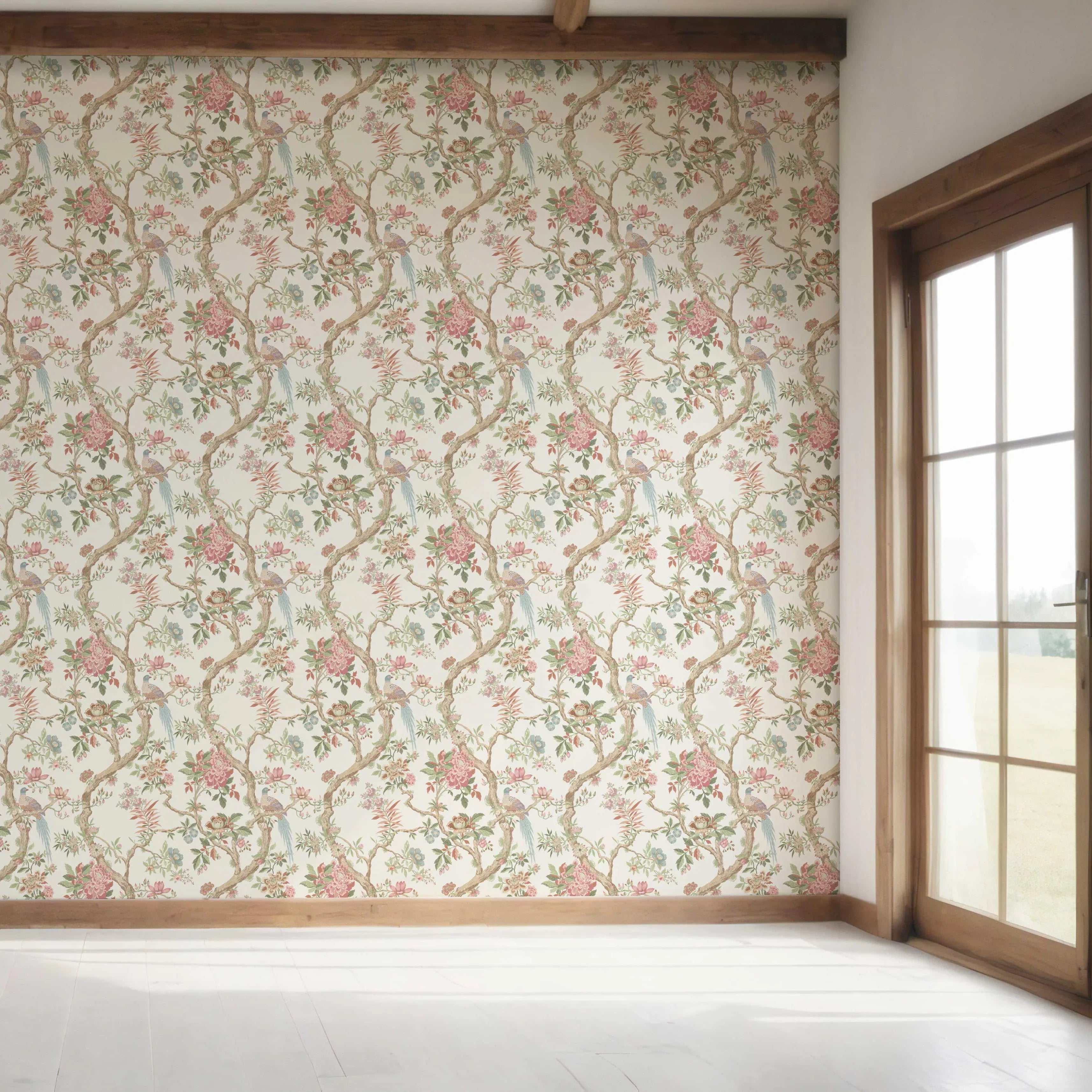 Floral/ Bird Print Chinoiserie Bedroom Wallpaper Sample (Pink/ Green/ Duck Egg Blue)