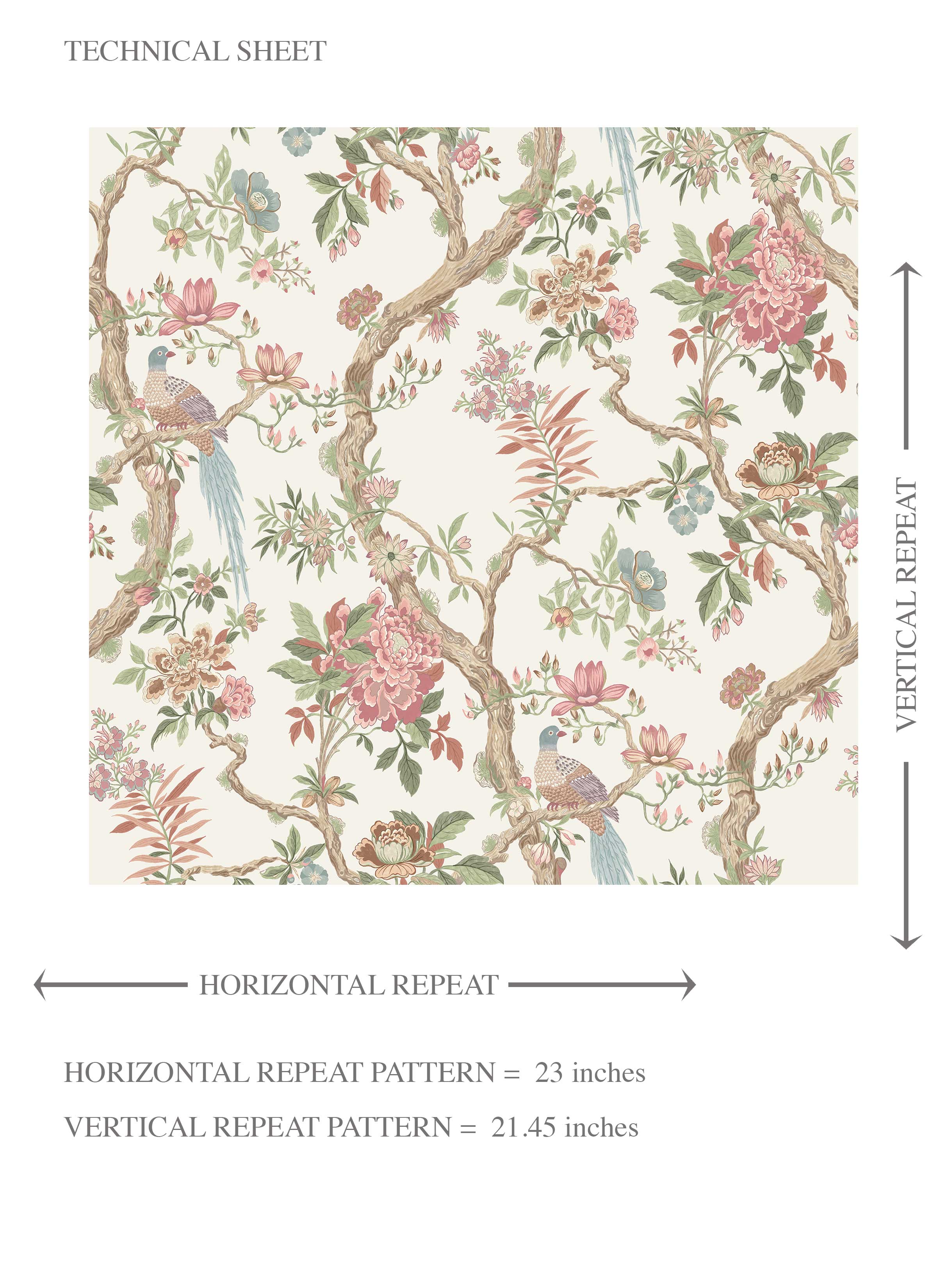 Floral/ Bird Print Chinoiserie Kids Room Wallpaper Sample (Pink/ Green/ Duck Egg Blue)