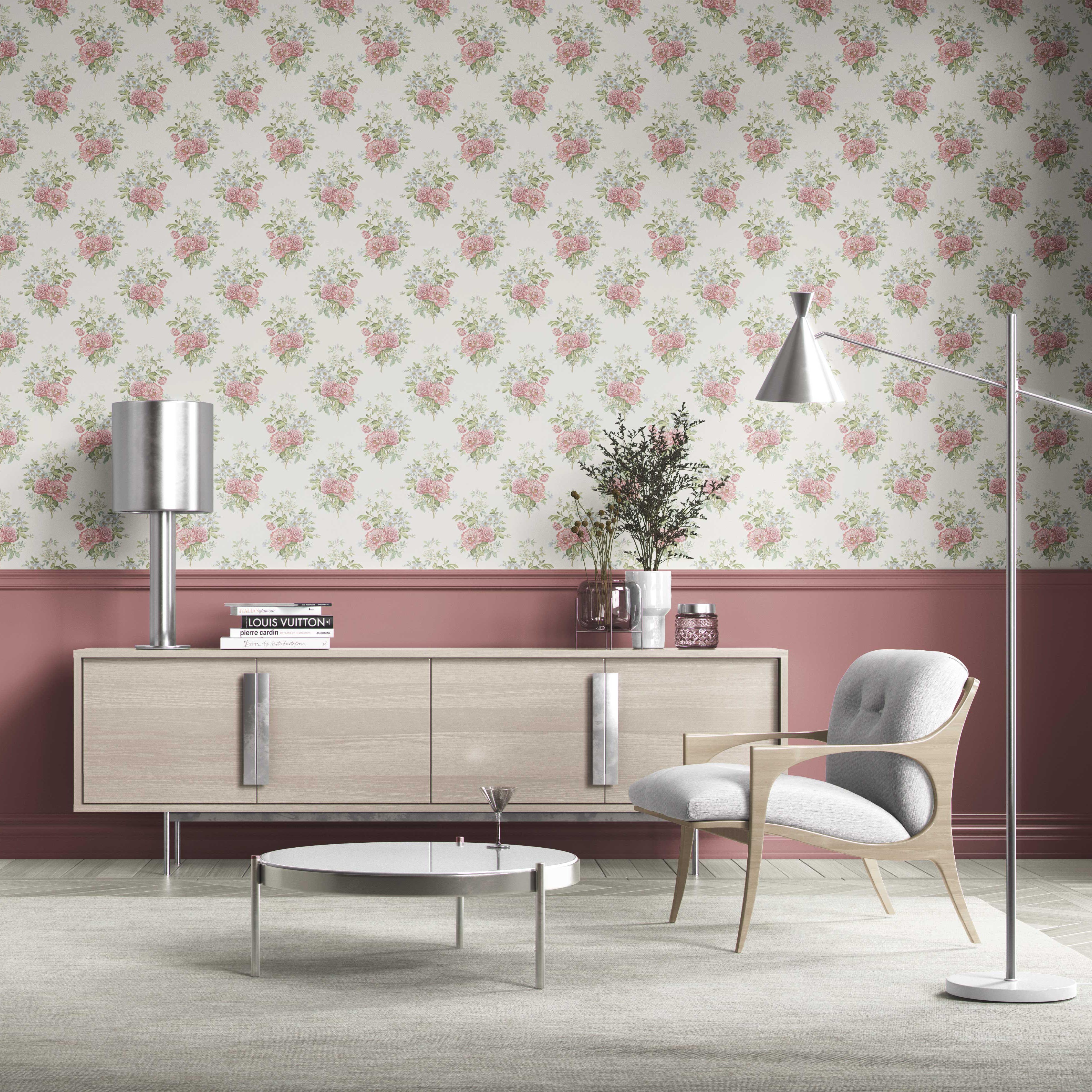 Floral Block Print Kitchen Wallpaper Sample (Cream/ Soft Pink/ Green/ Duck Egg Blue)