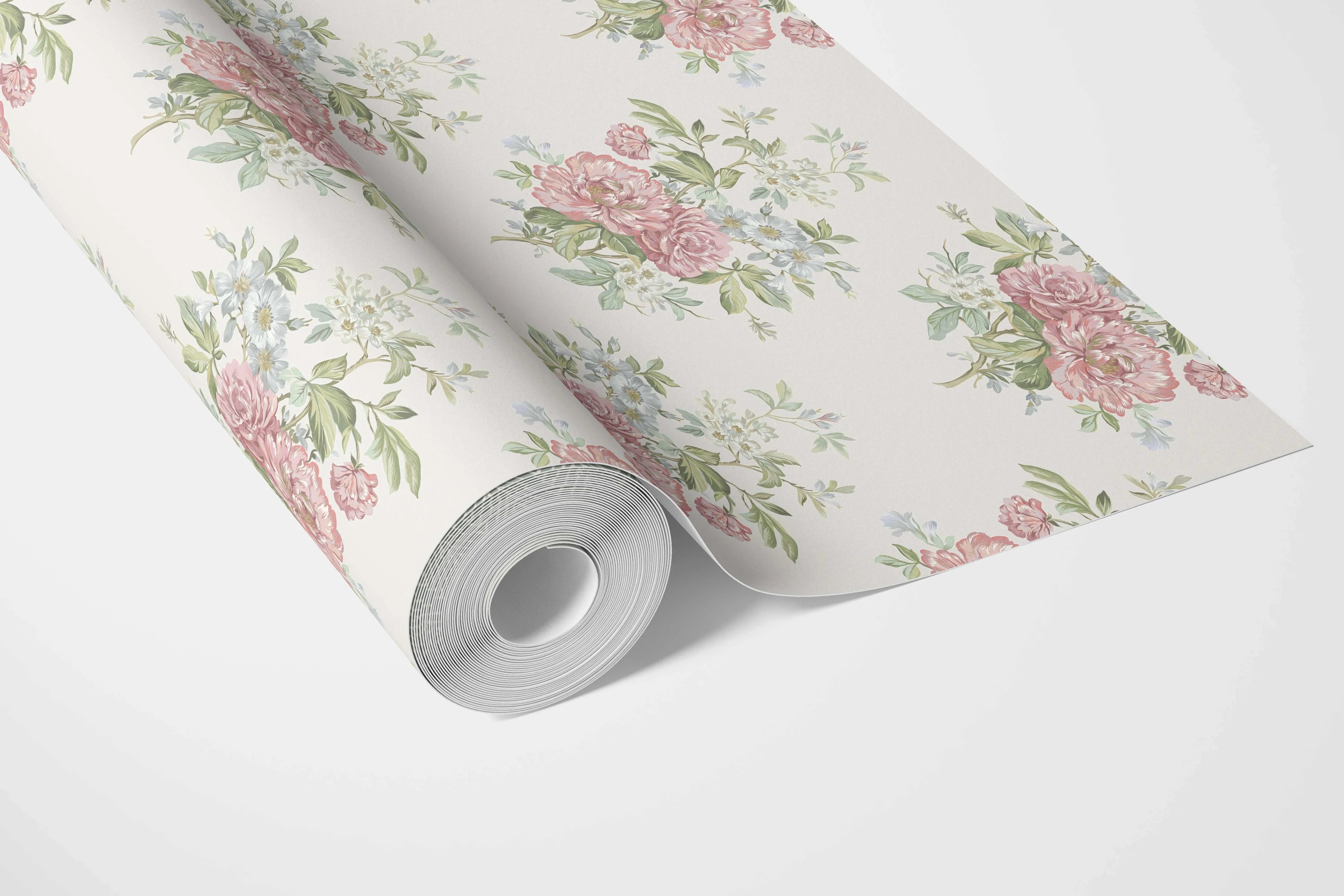 Floral Block Print Bathroom Wallpaper Sample (Cream/ Soft Pink/ Green/ Duck Egg Blue)
