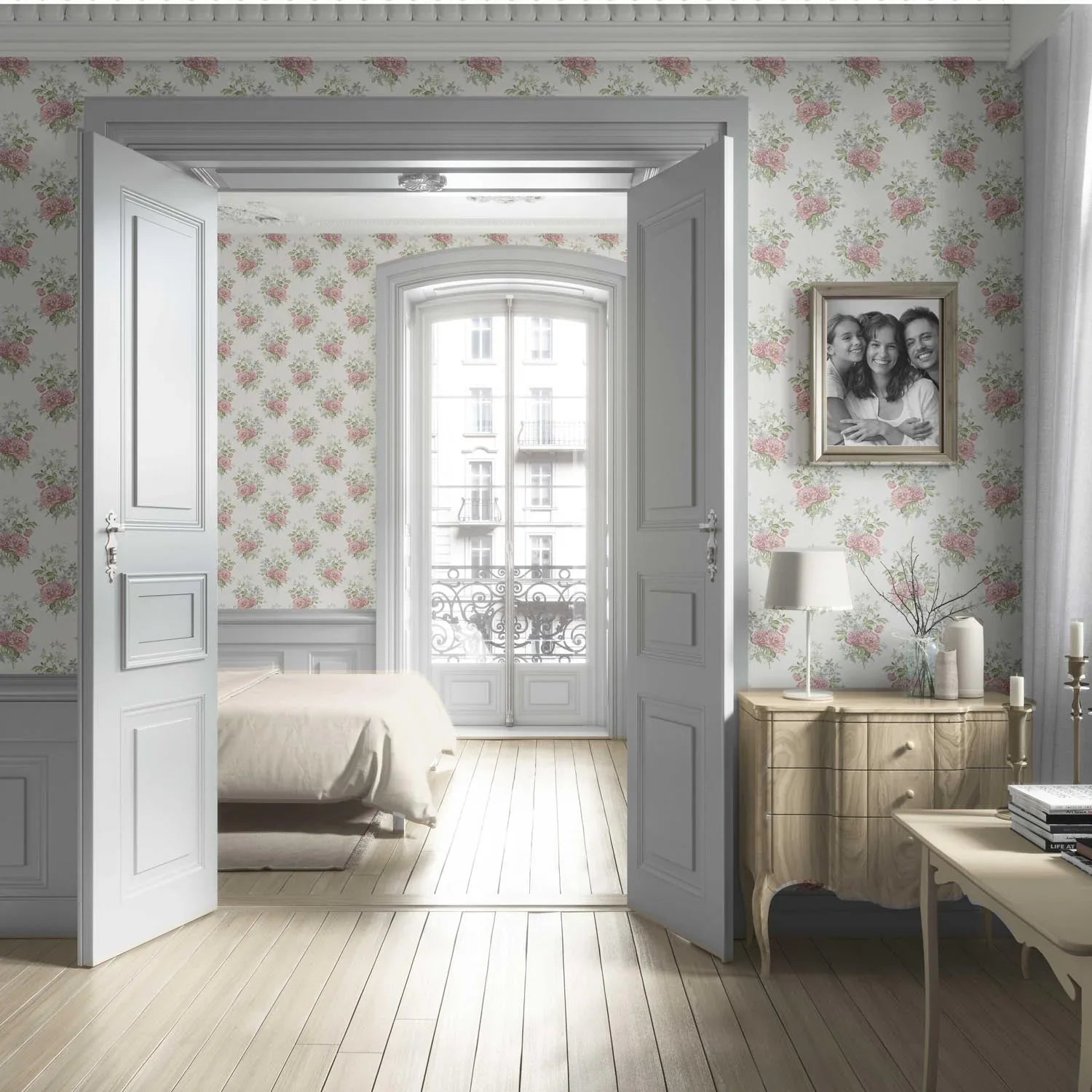 Floral Block Print Living Room Wallpaper Sample (Cream/ Soft Pink/ Green/ Duck Egg Blue)
