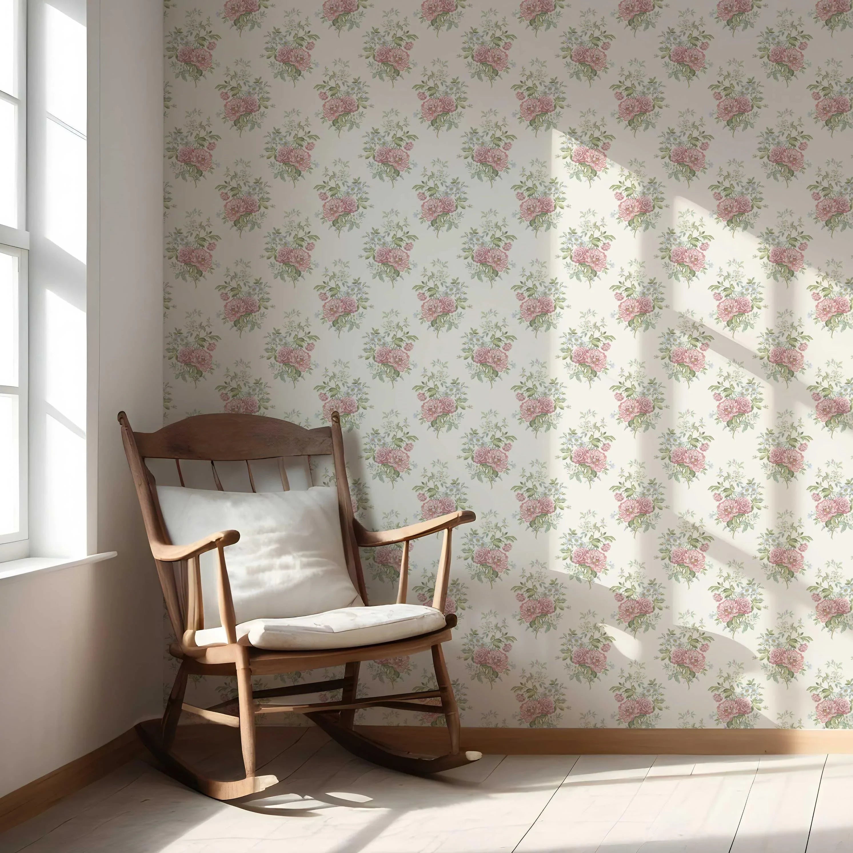 Floral Block Print Nursery Wallpaper Sample (Cream/ Soft Pink/ Green/ Duck Egg Blue)