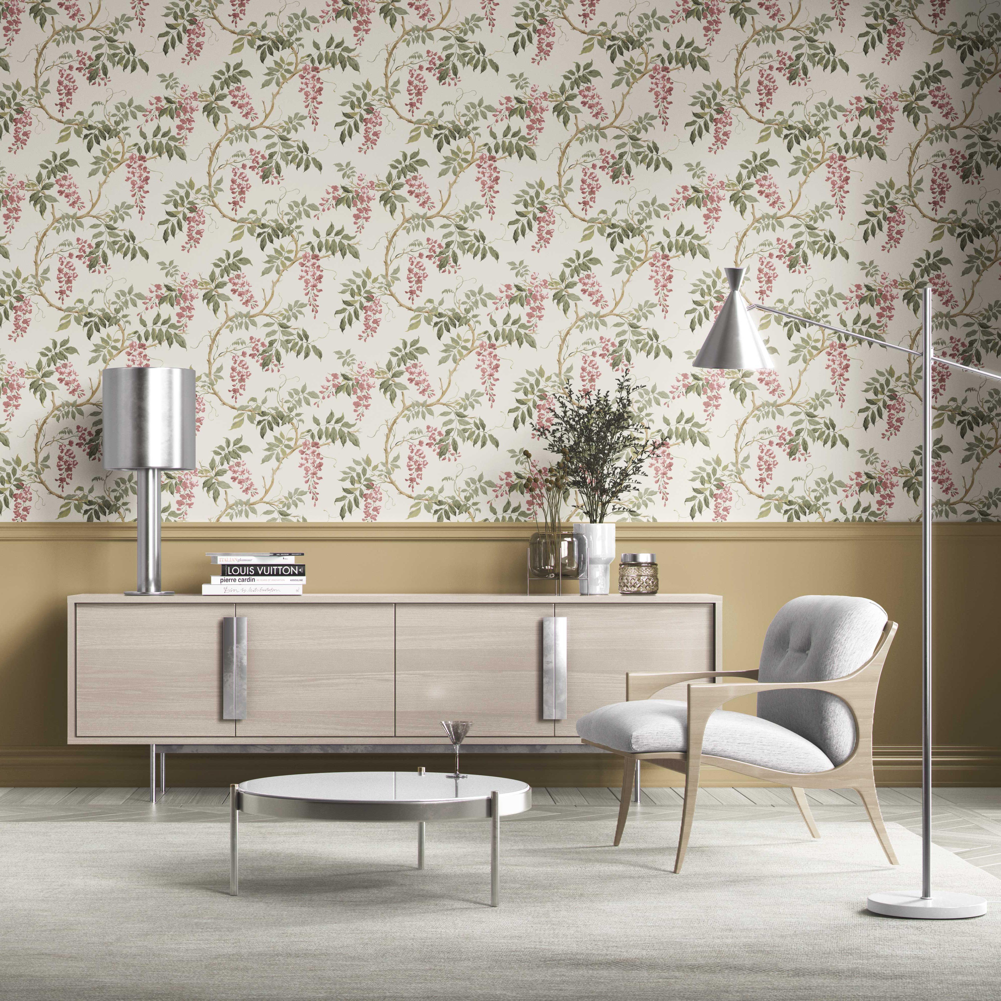 Floral Vine/ Botanical Patterned Kitchen Wallpaper (Cream/ Pink/ Green)