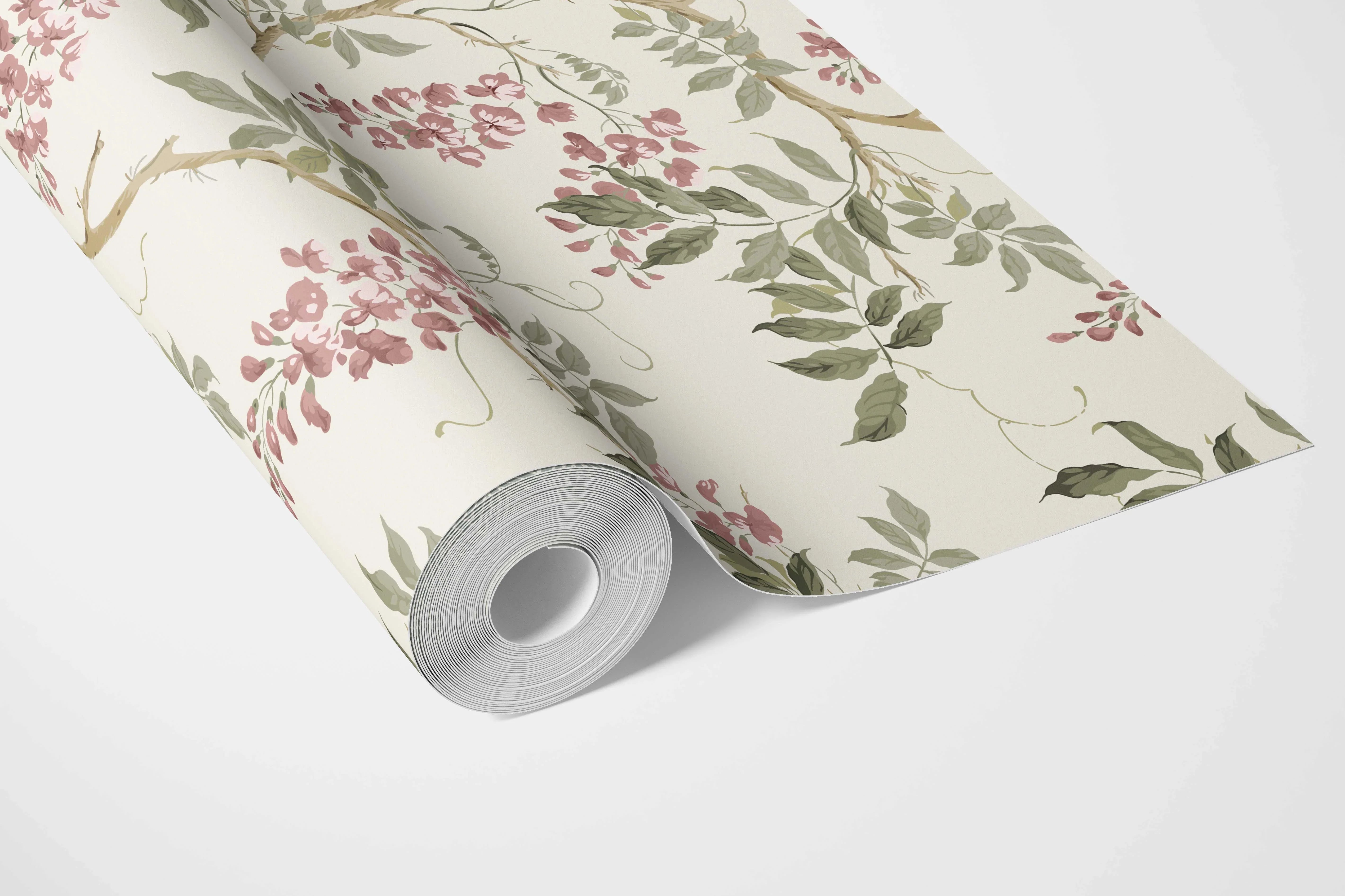 Floral Vine/ Botanical Patterned Bathroom Wallpaper (Cream/ Pink/ Green)