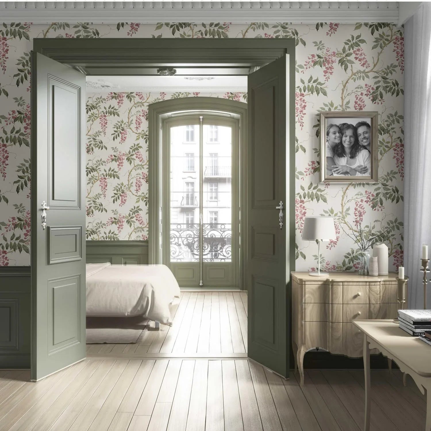 Floral Vine/ Botanical Patterned Living Room Wallpaper (Cream/ Pink/ Green)