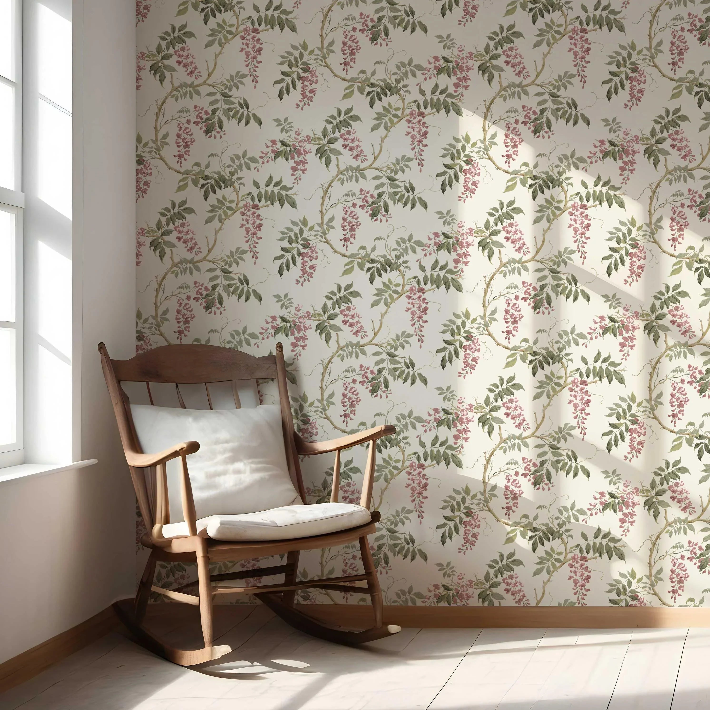 Floral Vine/ Botanical Patterned Nursery Wallpaper (Cream/ Pink/ Green)