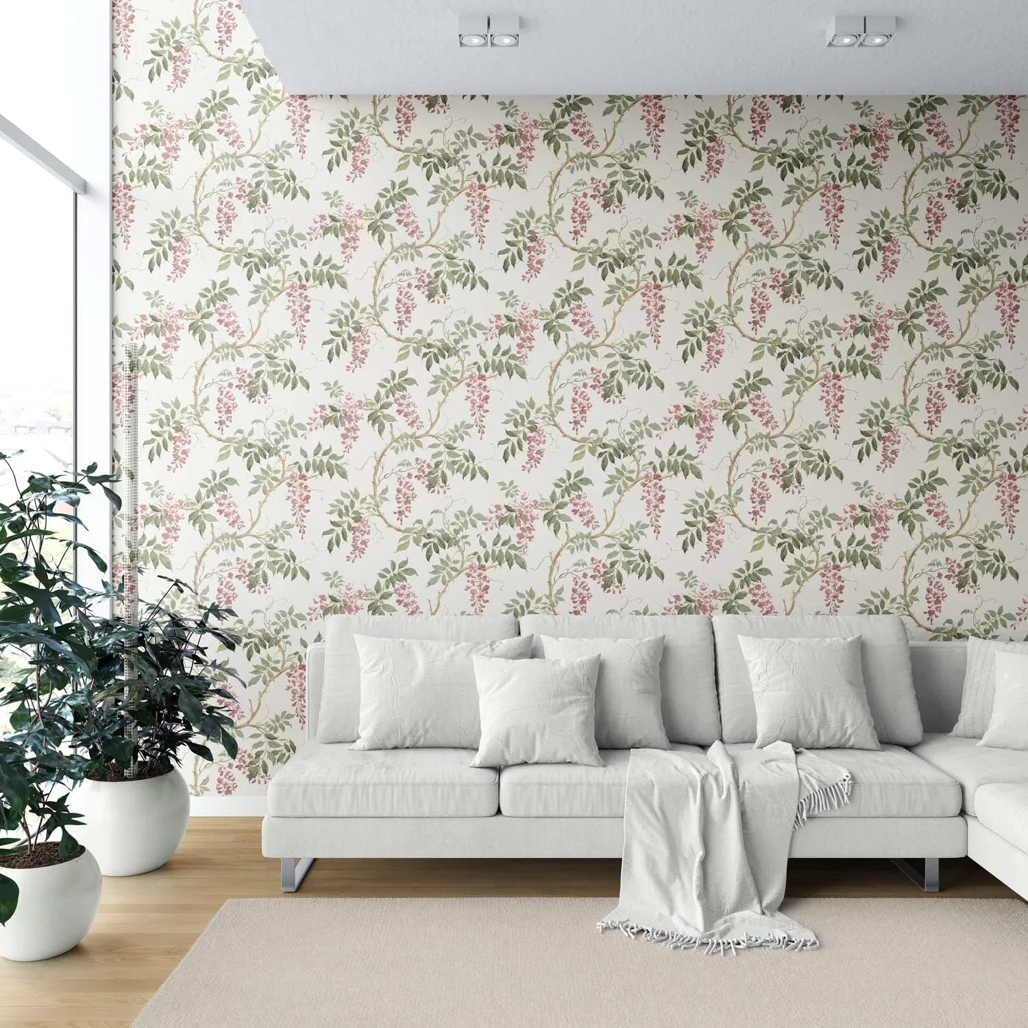 Floral Vine/ Botanical Patterned Shower Toilet Wallpaper (Cream/ Pink/ Green)