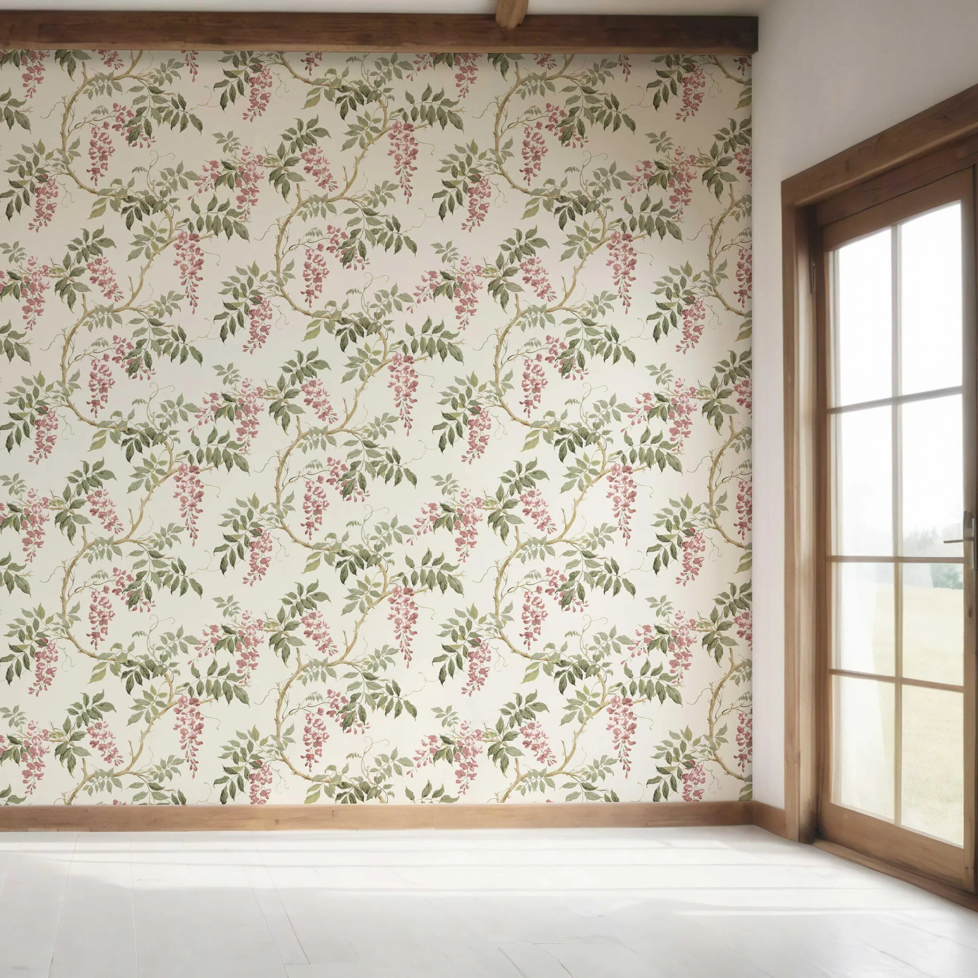 Floral Vine/ Botanical Patterned Bedroom Wallpaper (Cream/ Pink/ Green)
