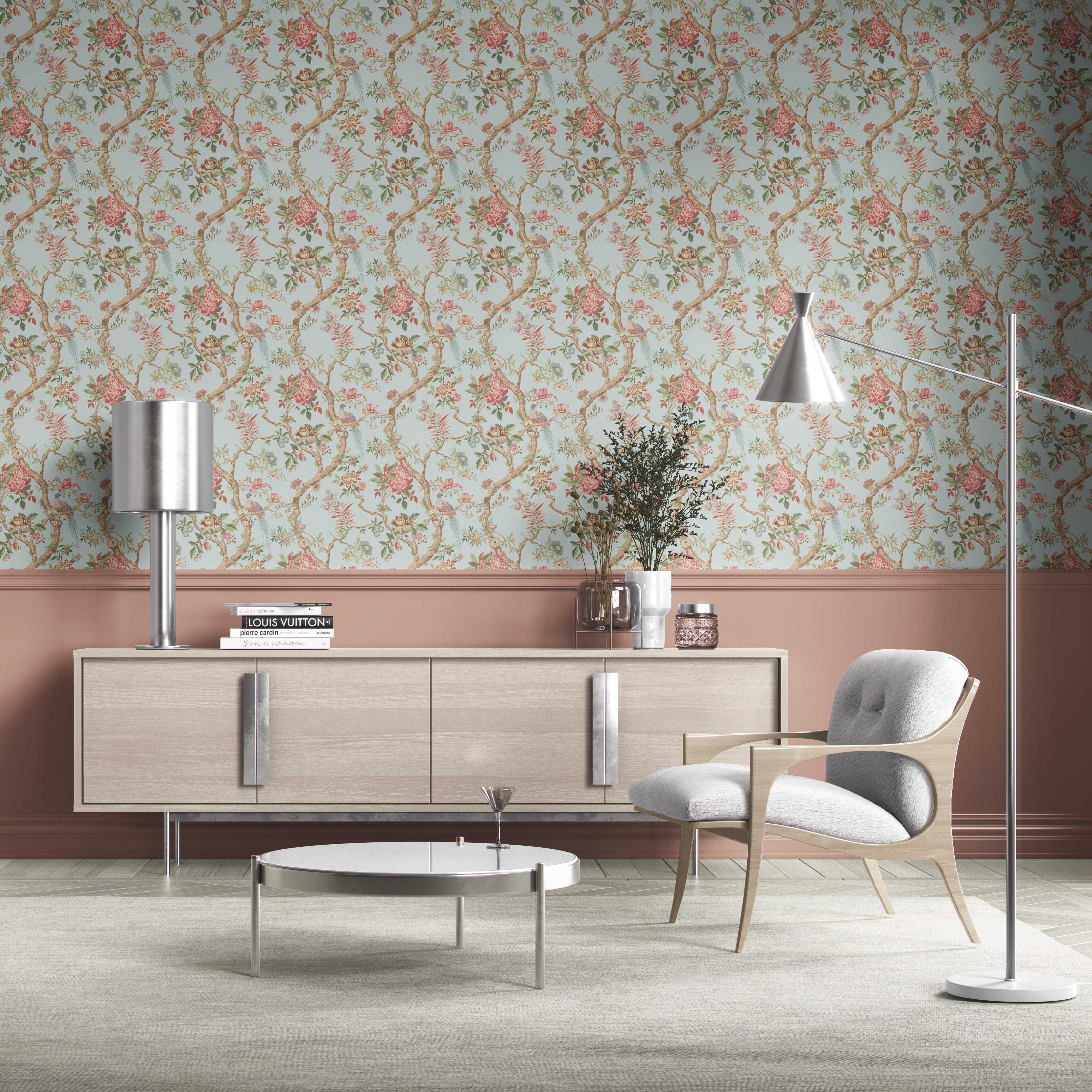 Floral/ Bird Print Chinoiserie Kitchen Wallpaper Sample (Blue/ Coral Pink/ Green)