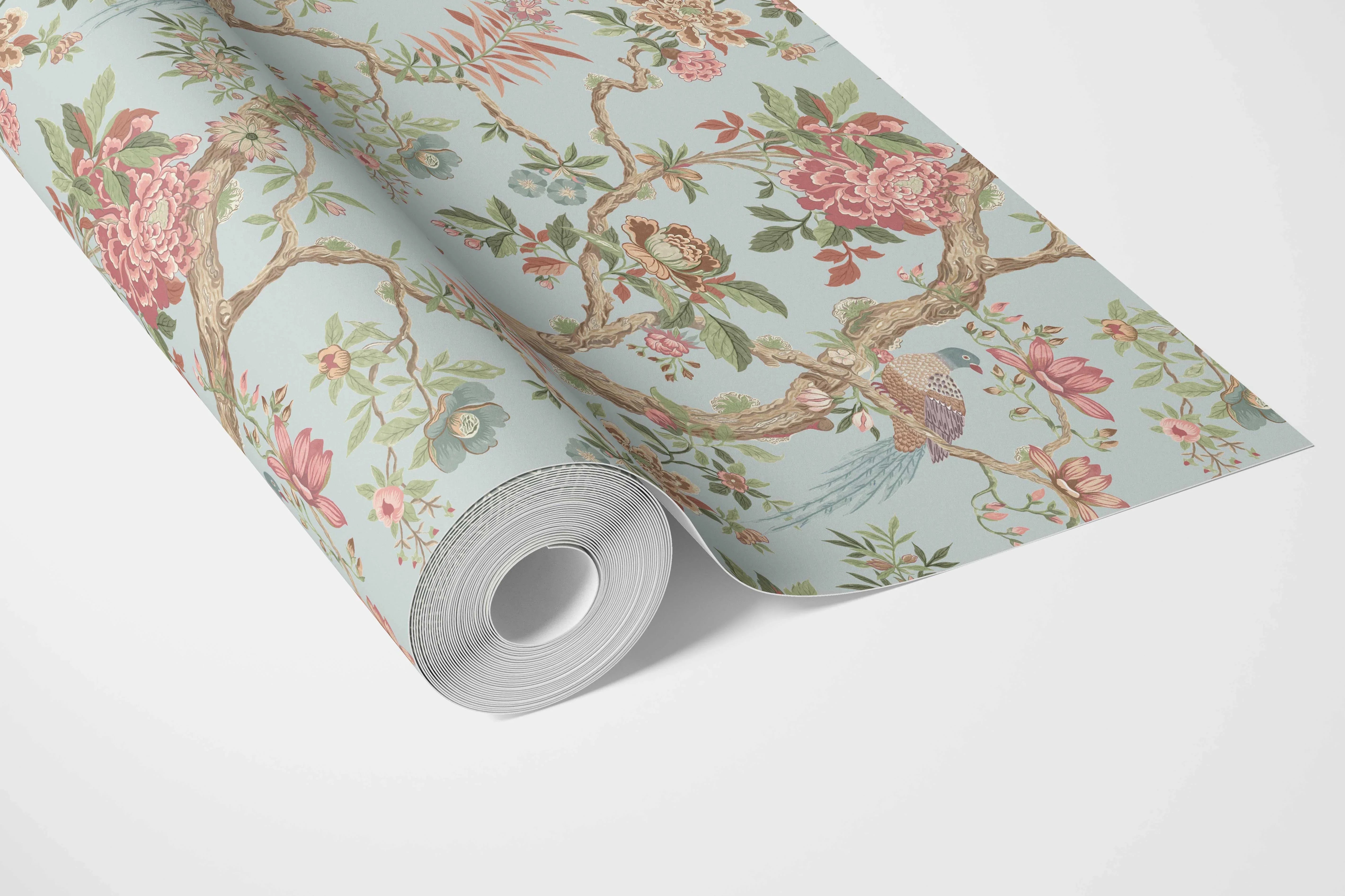 Floral/ Bird Print Chinoiserie Bathroom Wallpaper Sample (Blue/ Coral Pink/ Green)