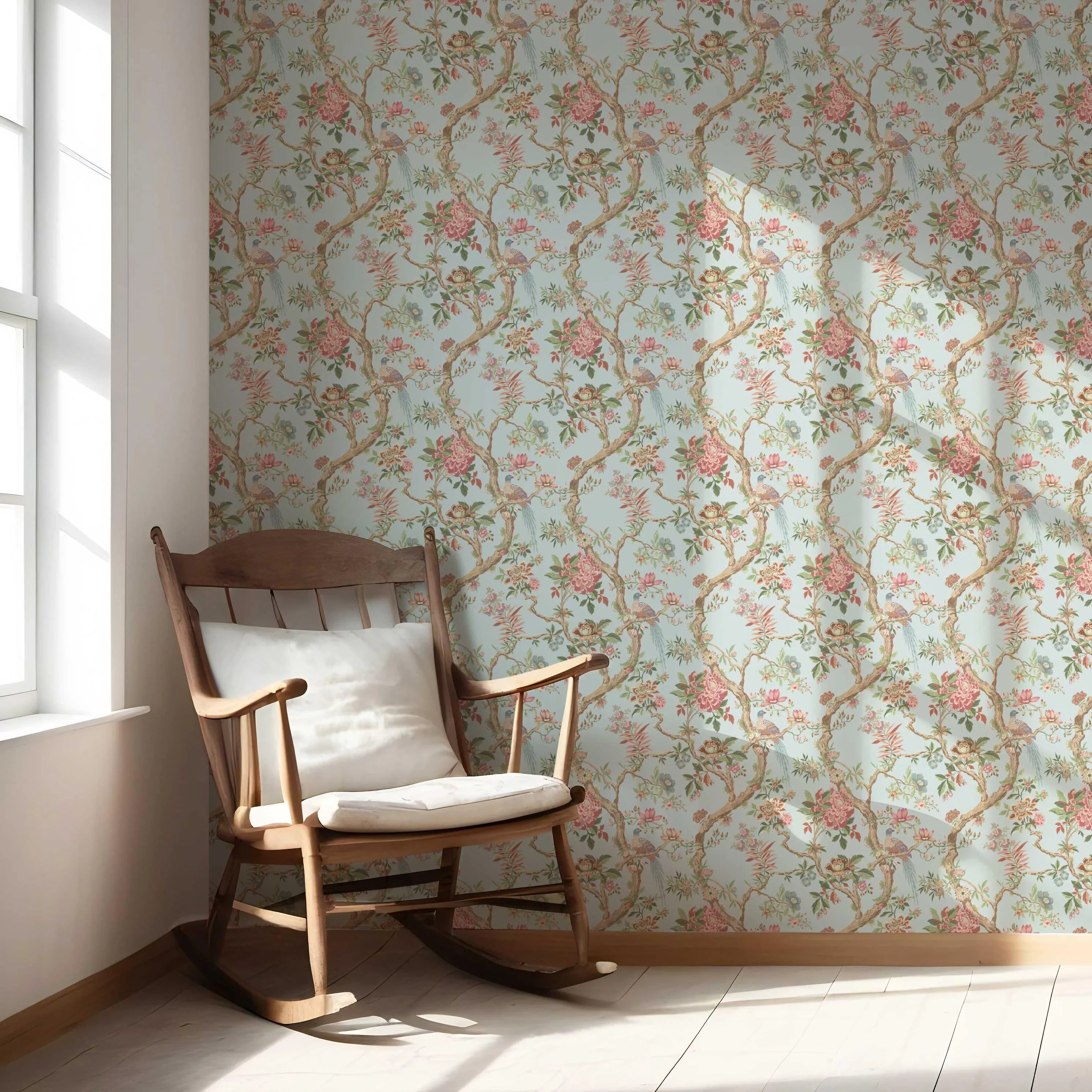 Floral/ Bird Print Chinoiserie Nursery Wallpaper Sample (Blue/ Coral Pink/ Green)