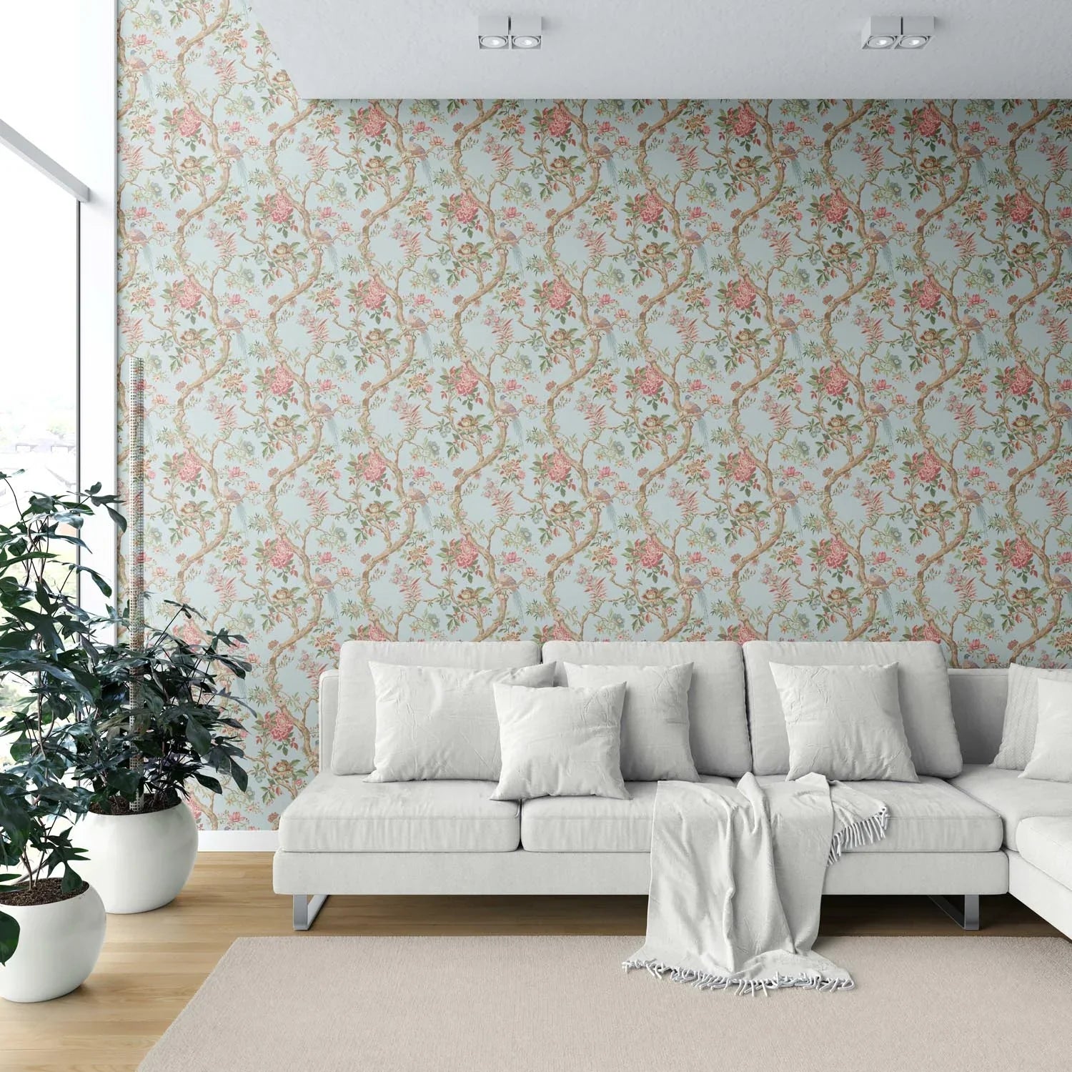 Floral/ Bird Print Chinoiserie Shower Toilet Wallpaper Sample (Blue/ Coral Pink/ Green)