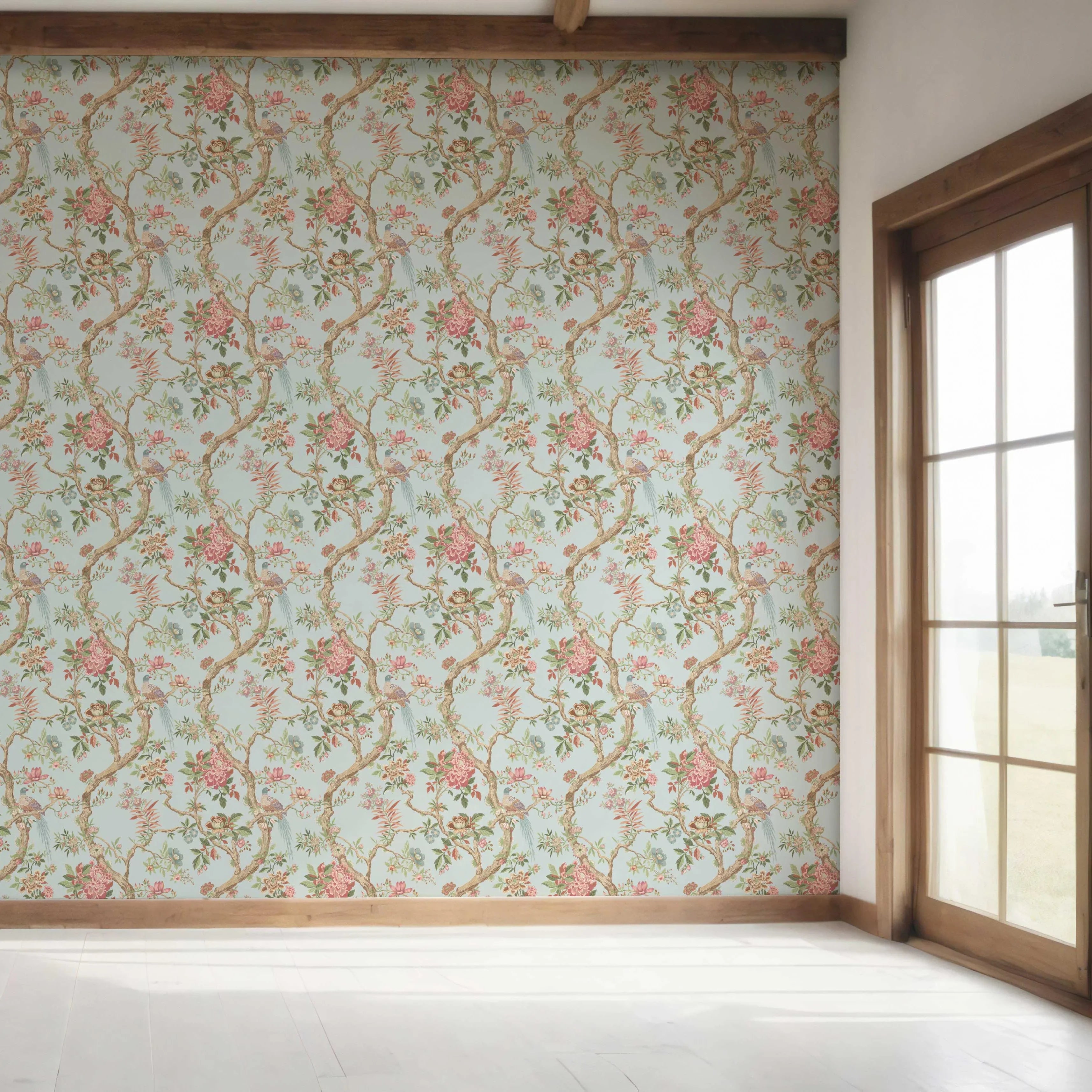Floral/ Bird Print Chinoiserie Bedroom Wallpaper Sample (Blue/ Coral Pink/ Green)
